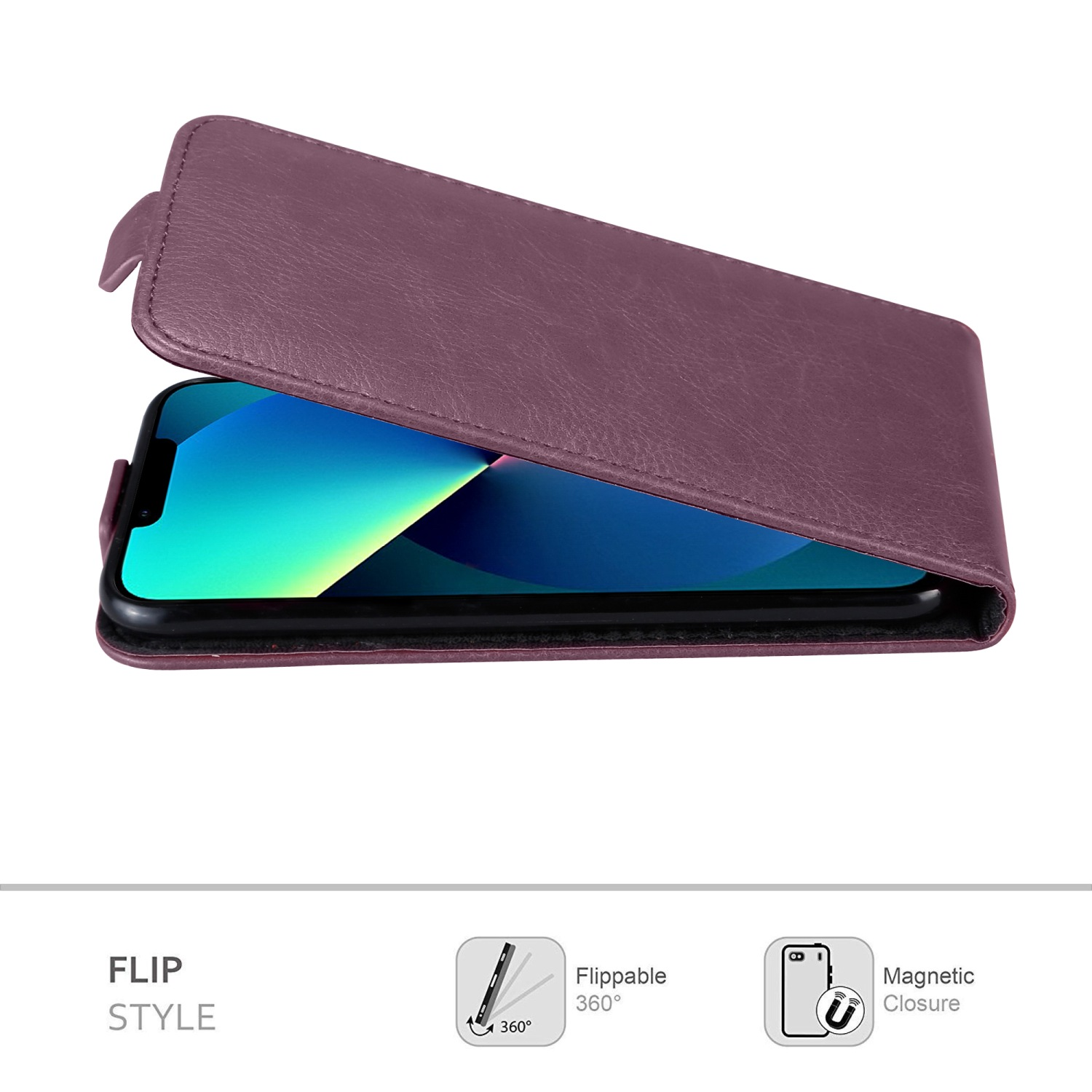Violette Handyhülle mit Telefon, Deckel offen. Beschreibung: Flip Style.