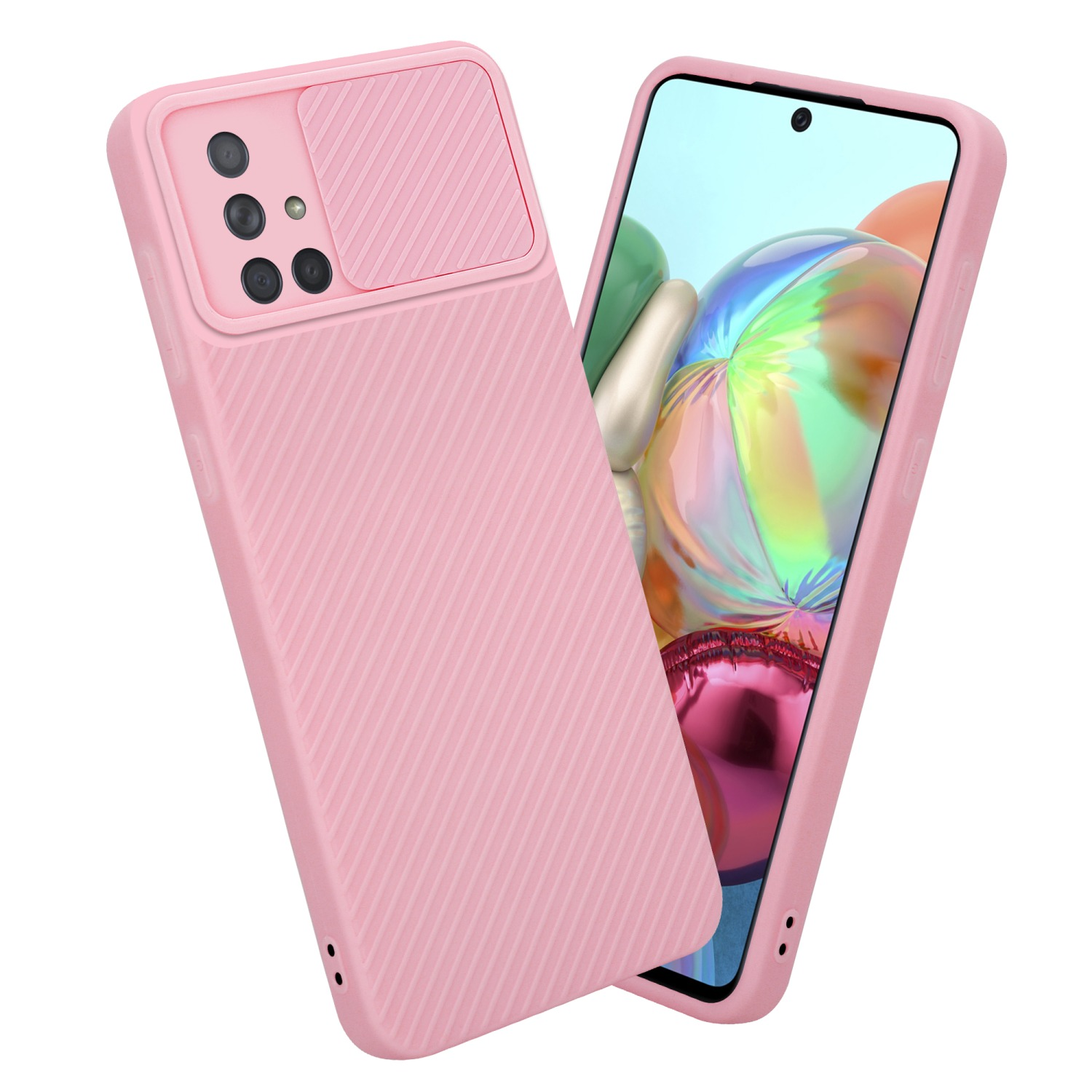Zwei Telefone mit rosa Hüllen, eines zeigt den Bildschirm. Beide haben Kameraabdeckungen. Der Hintergrund ist verschwommen.