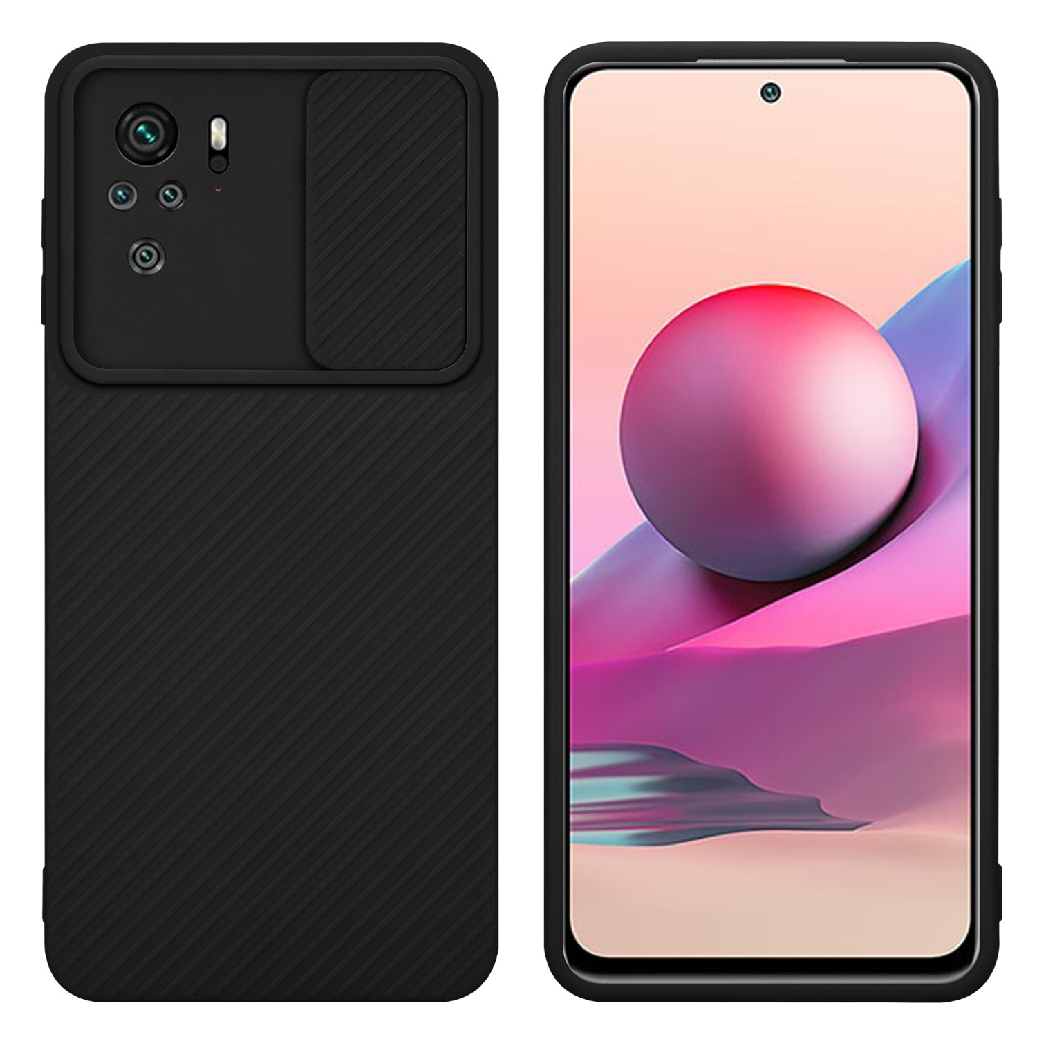 Schwarze Handyhülle mit Kameraabdeckung und Telefon mit rosa und rotem Bildschirm.