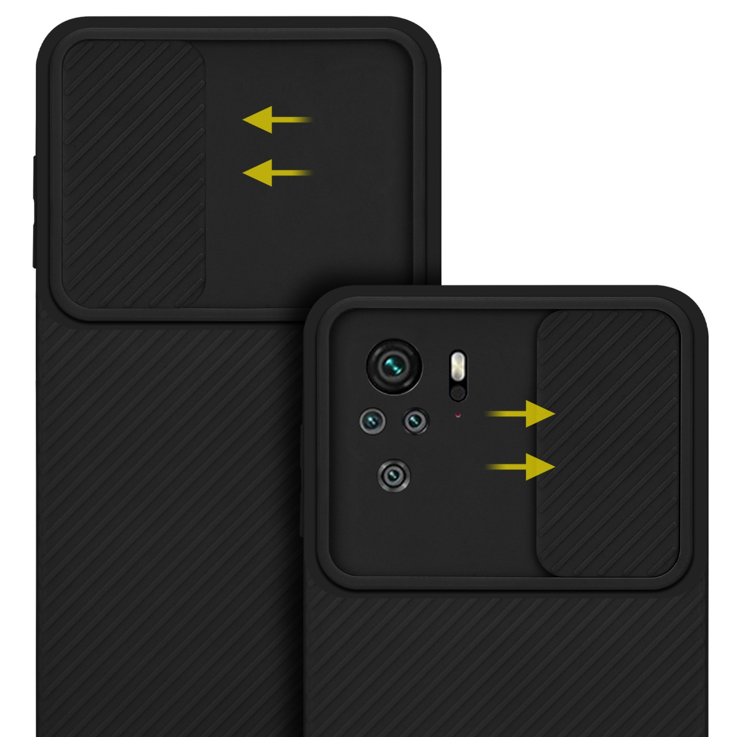 Schwarze Handyhülle mit zwei Telefonen. Die Kameraabdeckung ist sichtbar. Pfeile sind gezeigt.