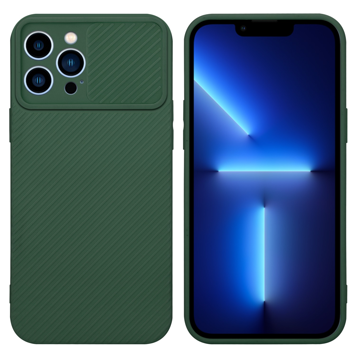Grüne Handyhülle mit Kameraabdeckung neben einem Telefon mit blauem Bildschirm.