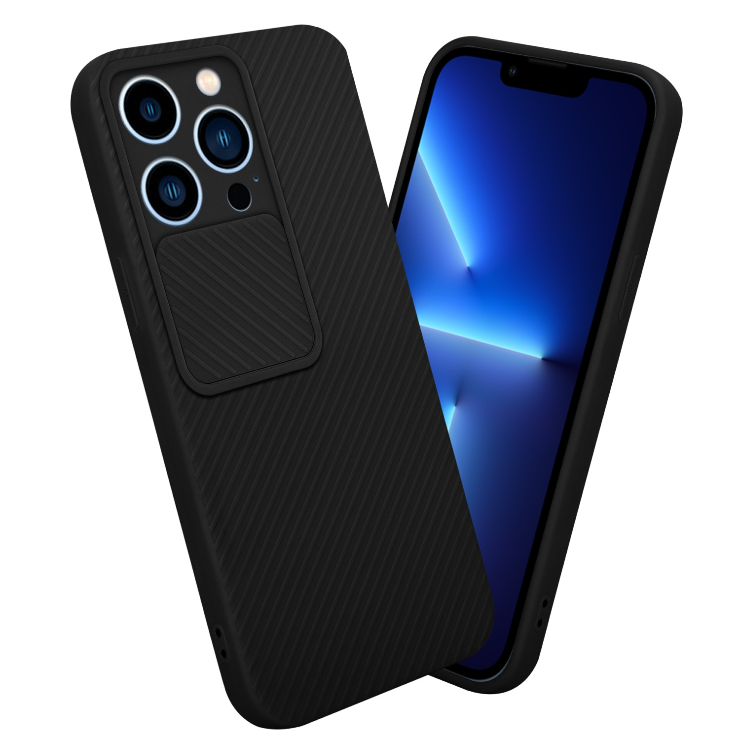 Custodia nera con tre fotocamere e un telefono con schermo blu. Sfondo bianco.
