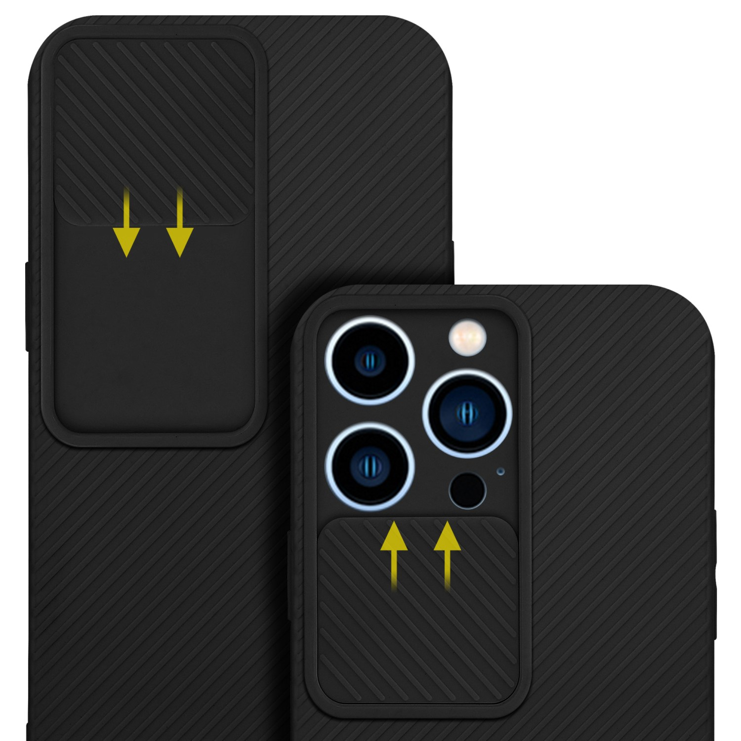 Custodia nera per telefono con fori per la fotocamera e copertura scorrevole, contrassegnata da frecce.
