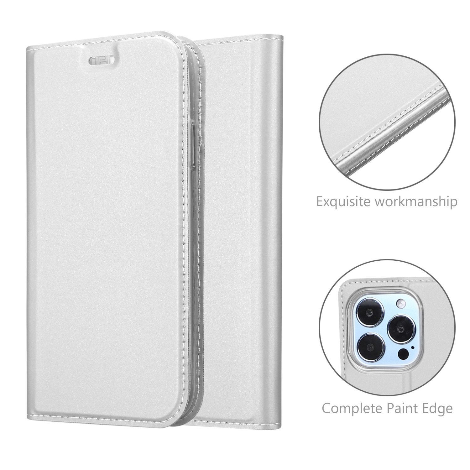 Coque de téléphone argentée, fermée et ouverte. Coutures blanches, gros plans. Texte : Fabrication exquise. Bord complet.