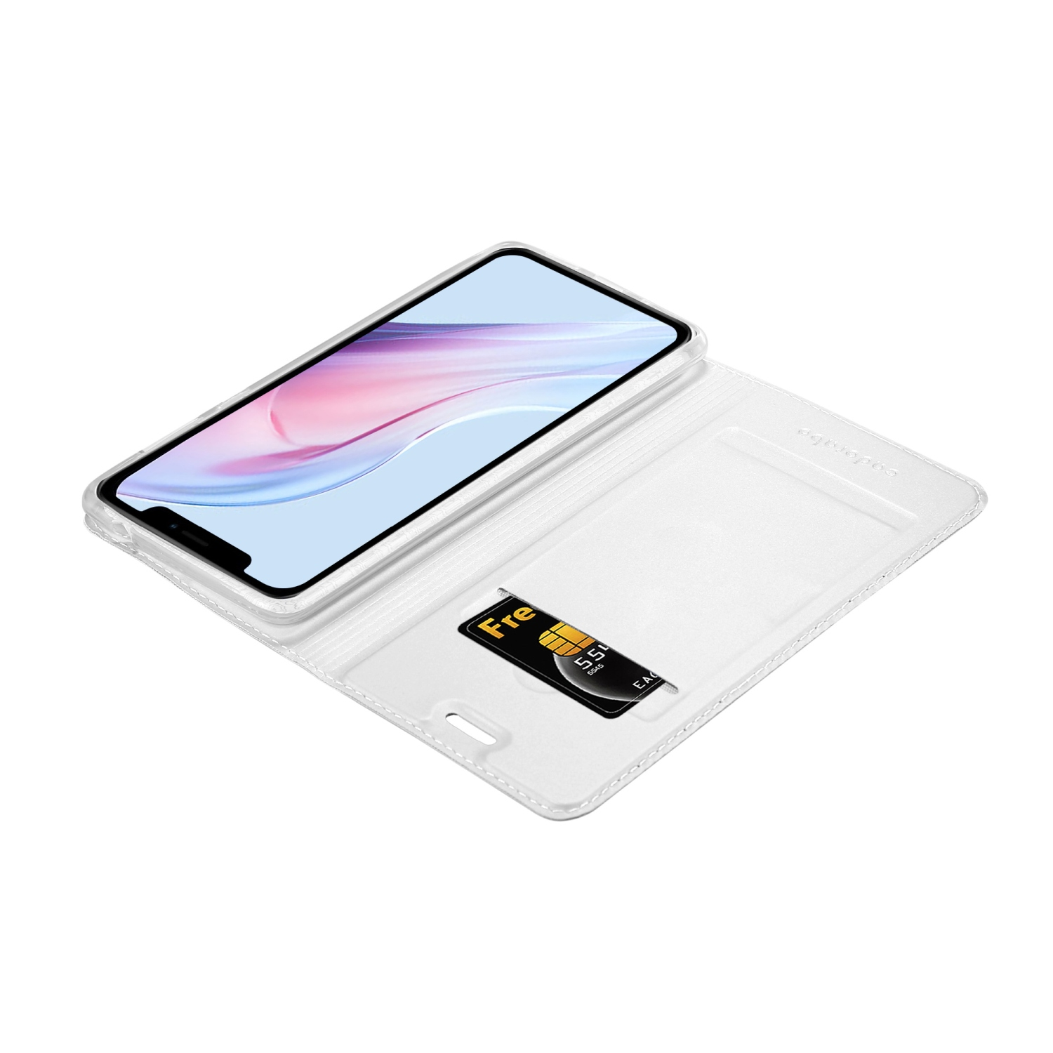 Téléphone blanc dans étui blanc avec carte SIM. Étui ouvert.