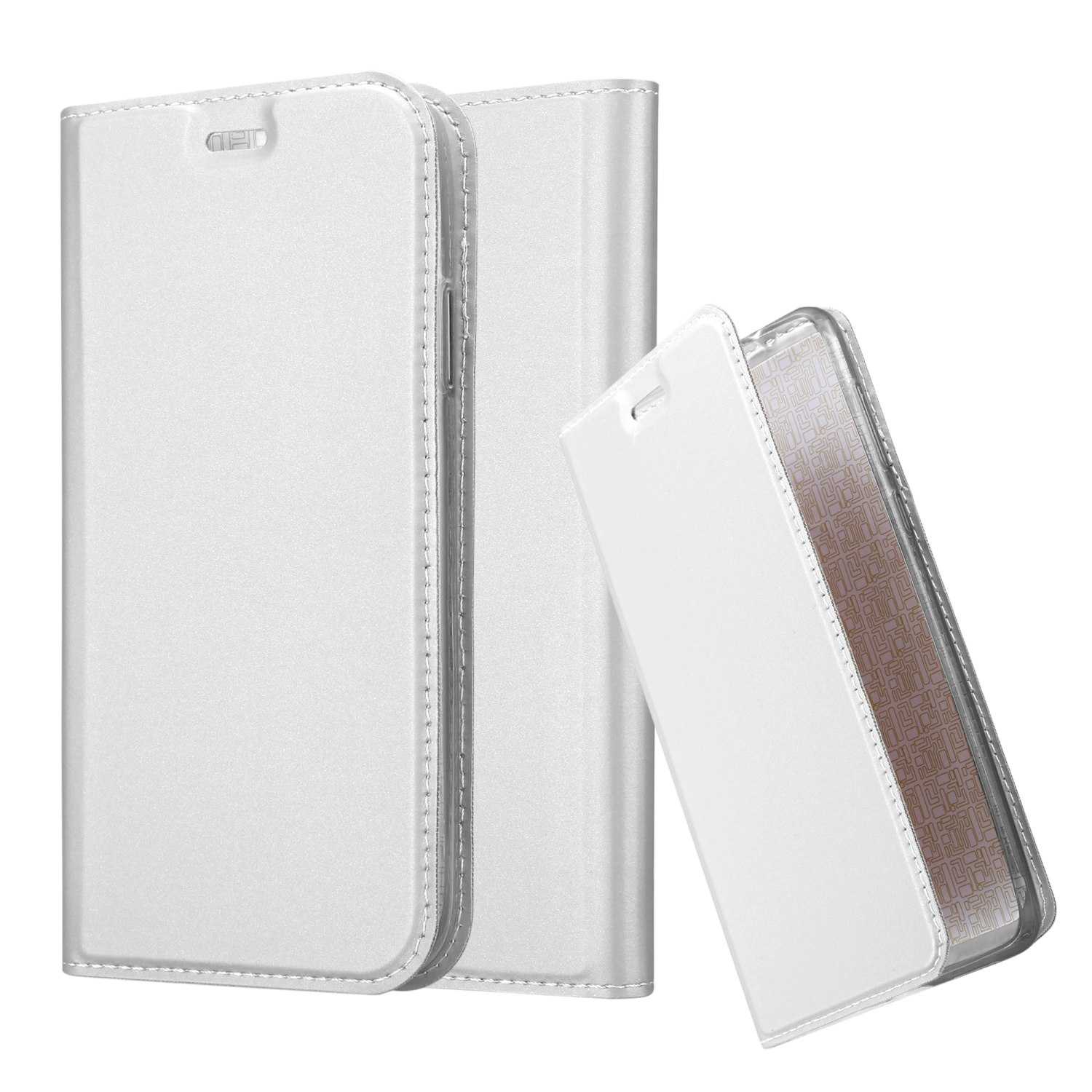 Coque de téléphone blanche, ouverte et fermée. Deux coques sont présentées.