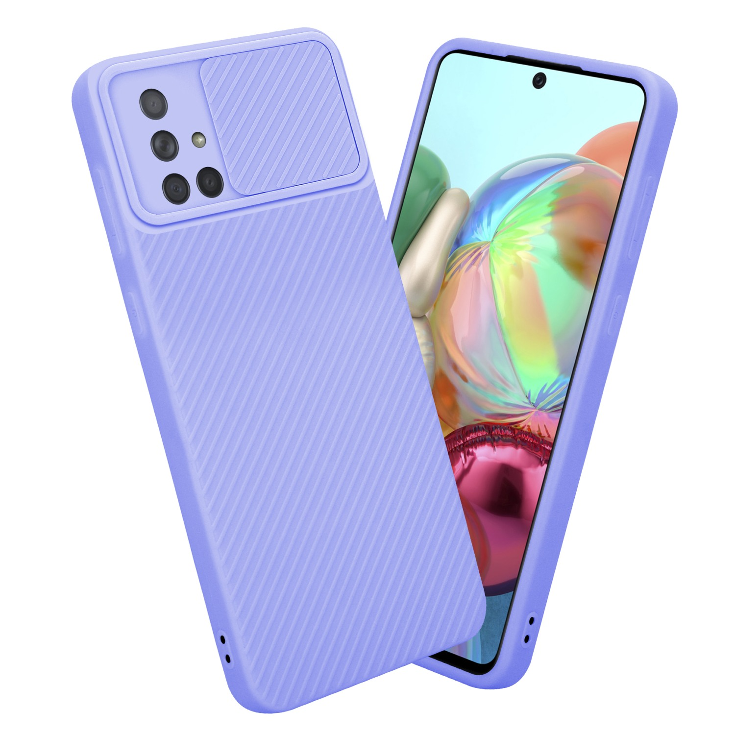 Lila Handyhülle mit Kameraabdeckung auf einem Telefon. Das Telefon ist auch sichtbar.