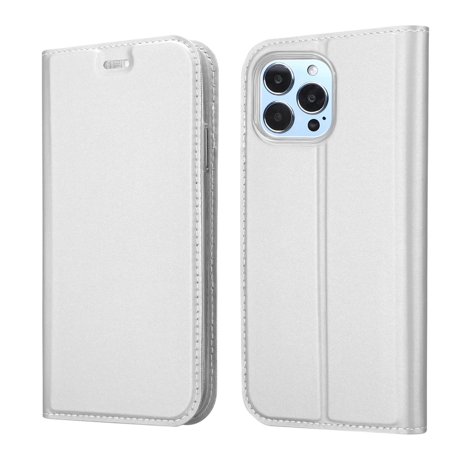 Coque blanche, fermée et ouverte. Le téléphone a 3 caméras. La coque a un aspect cuir.