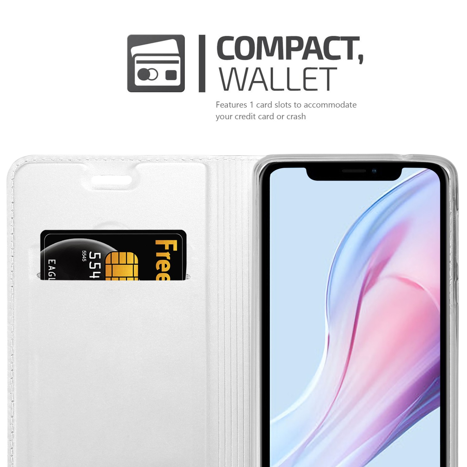 Étui de téléphone avec fente pour cartes. Le texte indique : Portefeuille compact. Comprend 1 fente pour carte.