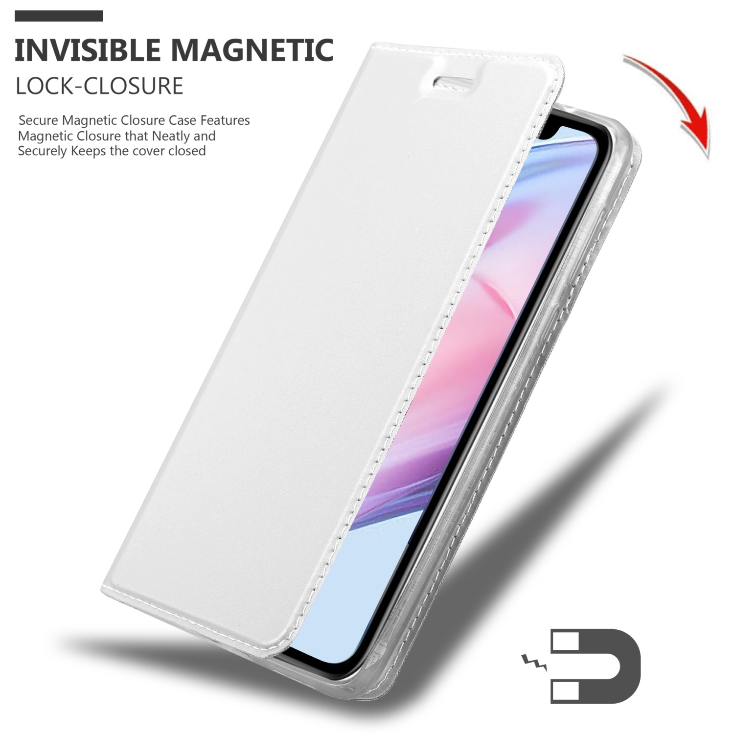 Coque de téléphone blanche avec fermeture magnétique. La coque est ouverte, révélant le téléphone.