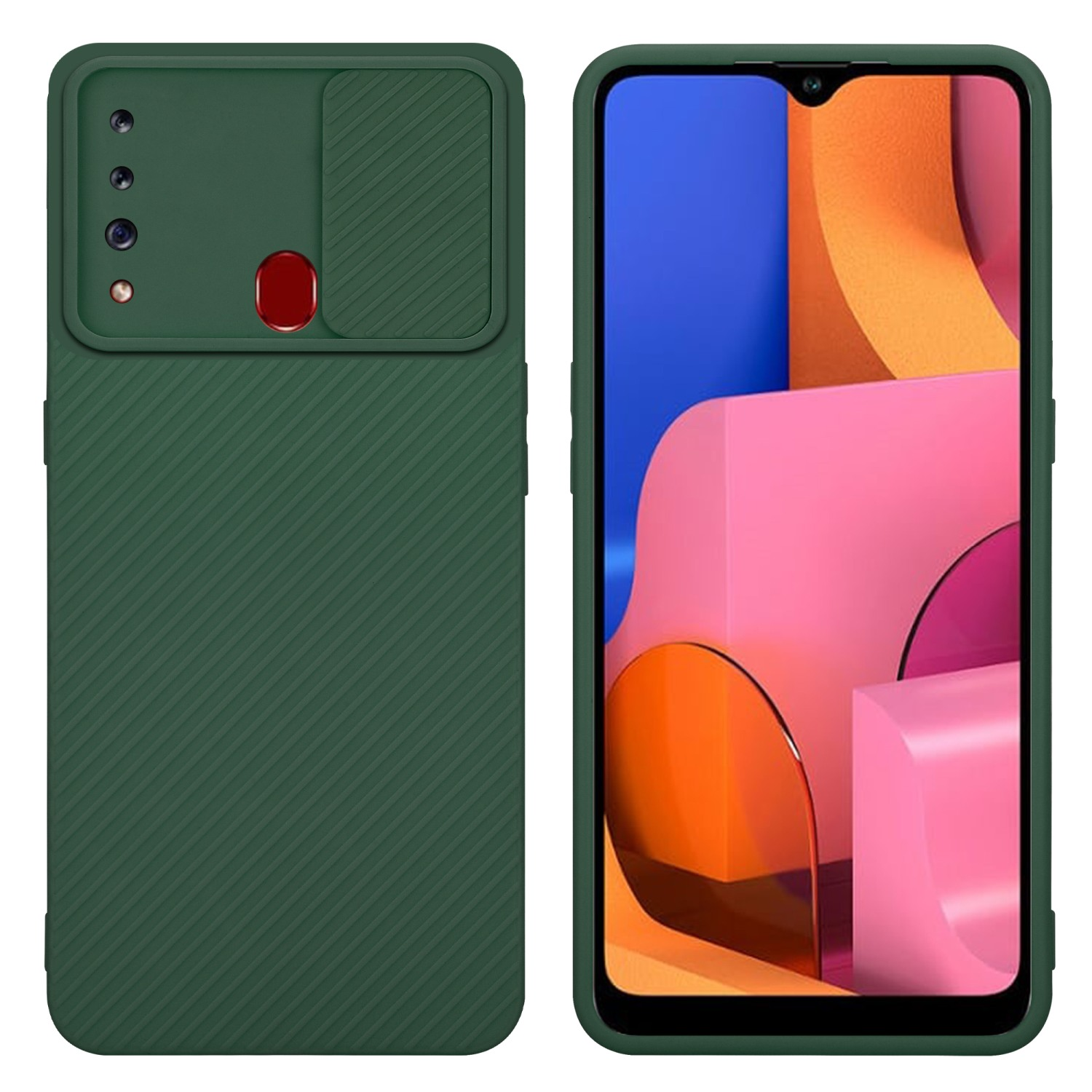 Eine Handyhülle mit Kameraschutz, grüne Farbe und ein Telefon, das Rosa und Orange anzeigt.