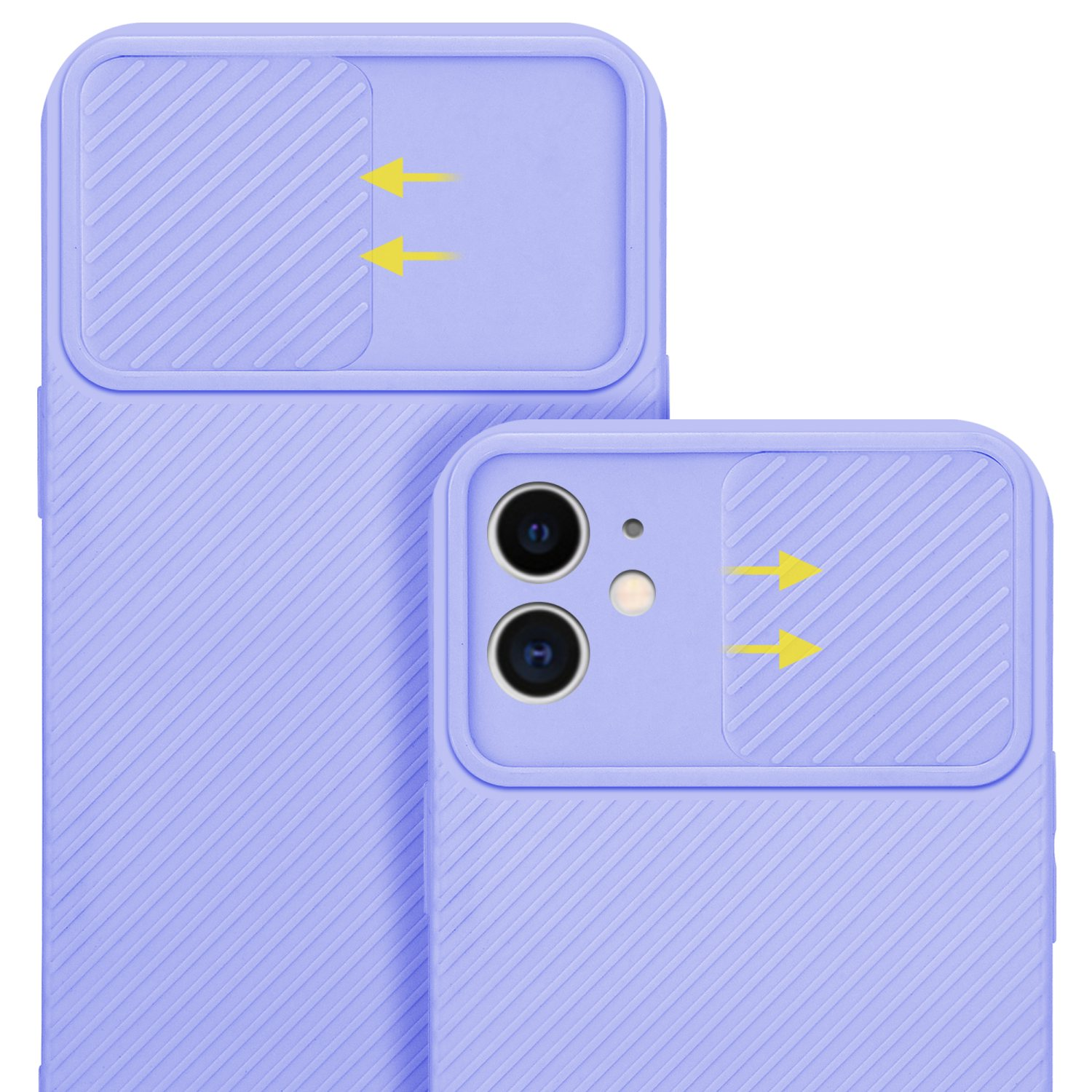 Due custodie per telefono color lavanda, entrambe con cursori per fotocamera. Le frecce gialle indicano la direzione del cursore.