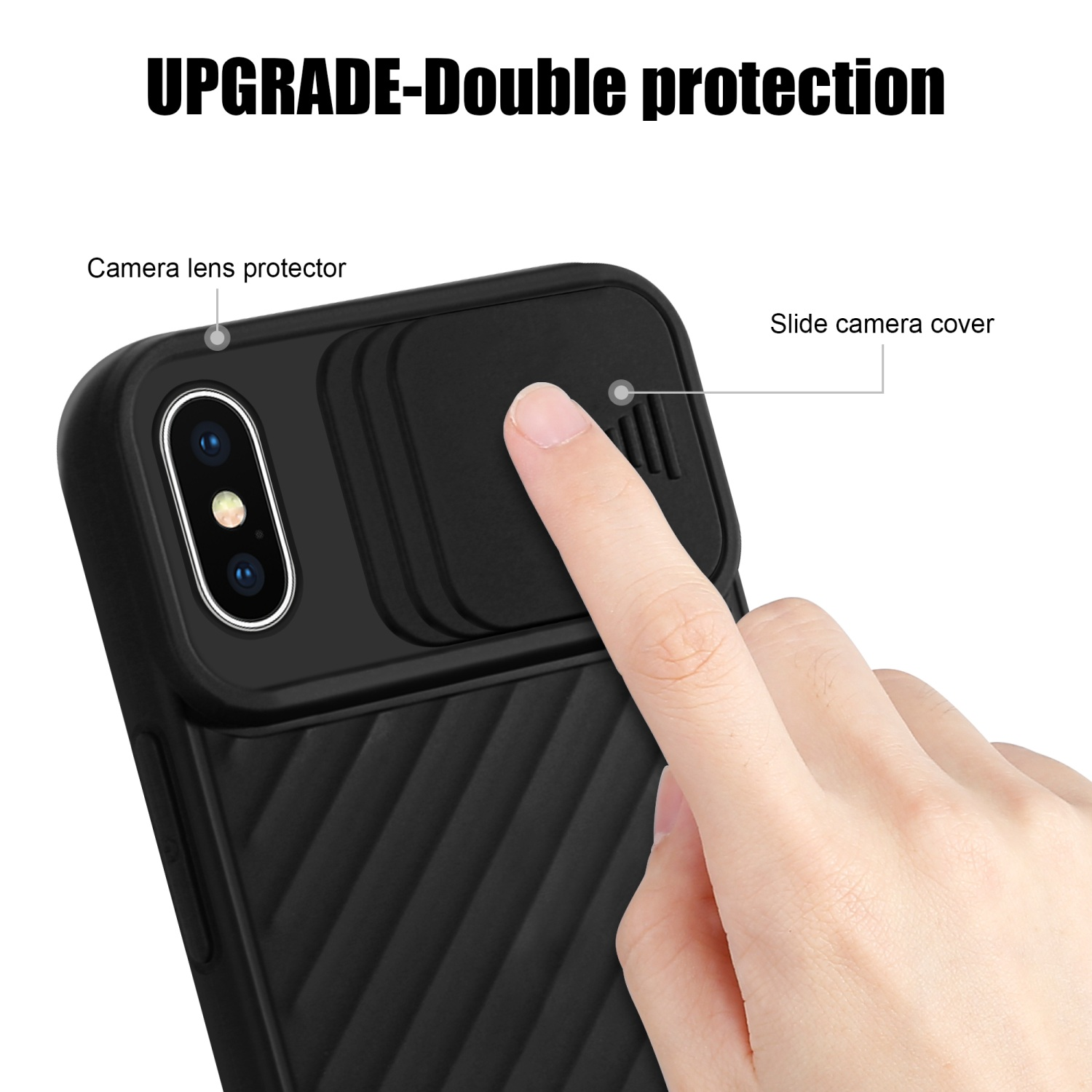 Eine Hand schiebt eine Kameraabdeckung auf einer schwarzen Handyhülle. Text zeigt Upgrade und doppelten Schutz an.