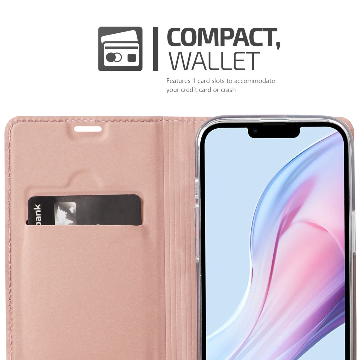 Un telefono in una custodia a portafoglio rosa con slot per schede. Testo: COMPATTO, PORTAFOGLIO. Il telefono mostra uno schermo.