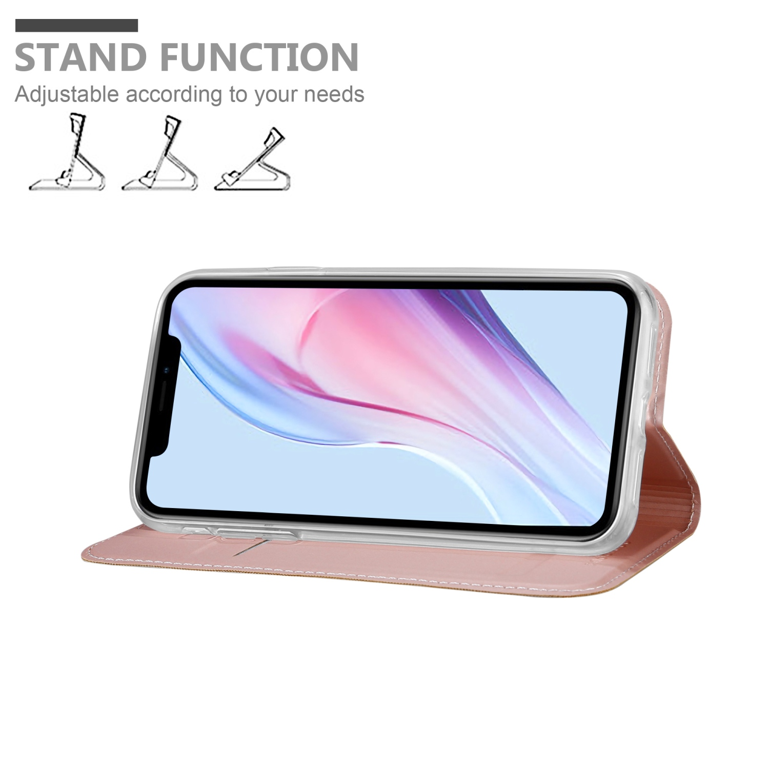 Custodia rosa per telefono con telefono all'interno, regolabile per funzione supporto.