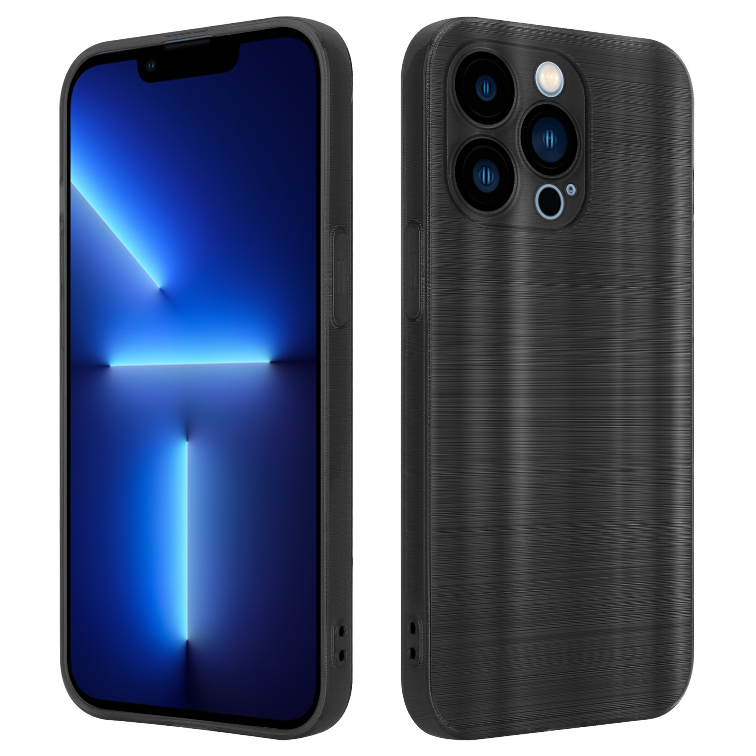 Funda de teléfono negra, teléfono con pantalla azul. Fondo blanco.