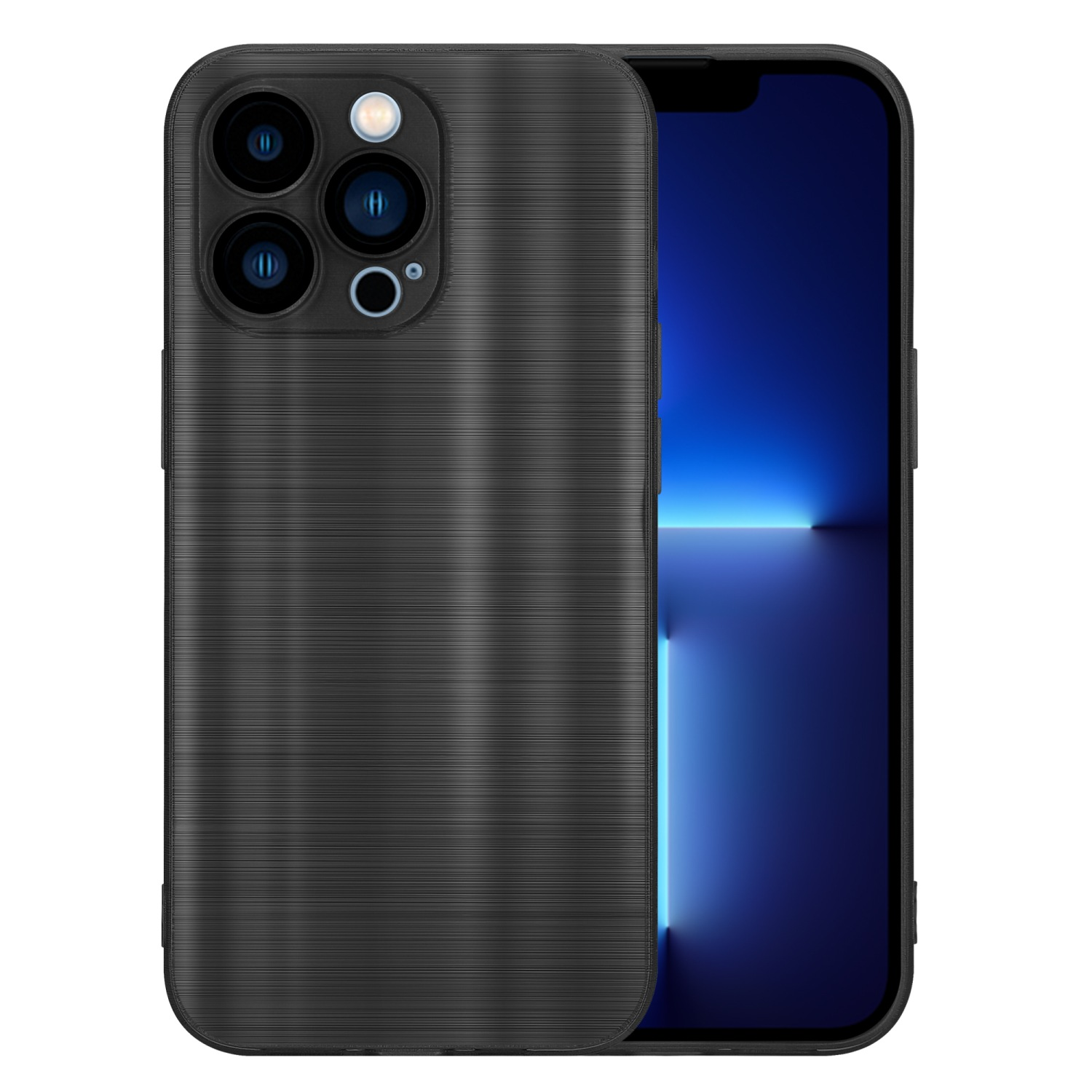 Funda negra, con un conjunto de cámara, con un fondo azul borroso.