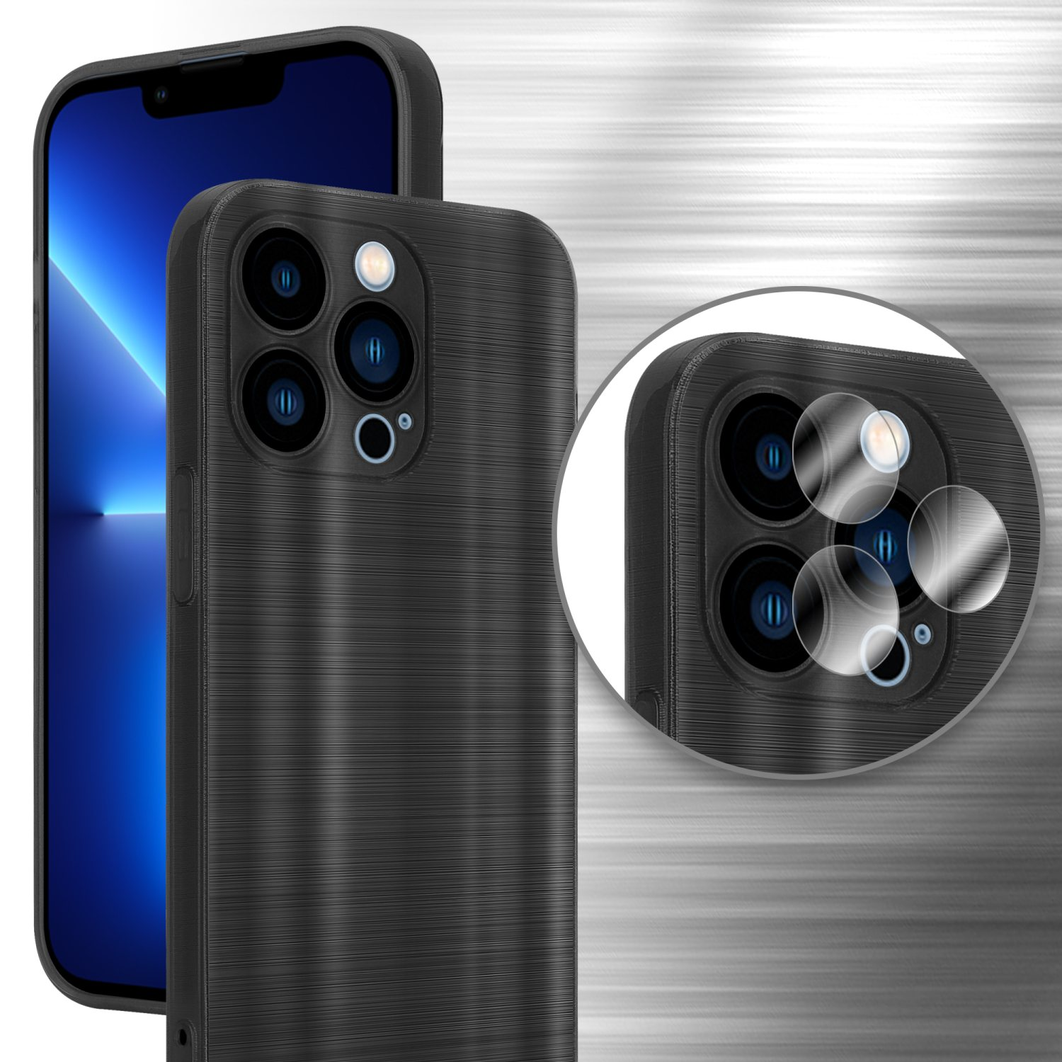 Funda de teléfono negra con área de cámara y teléfono en el fondo.