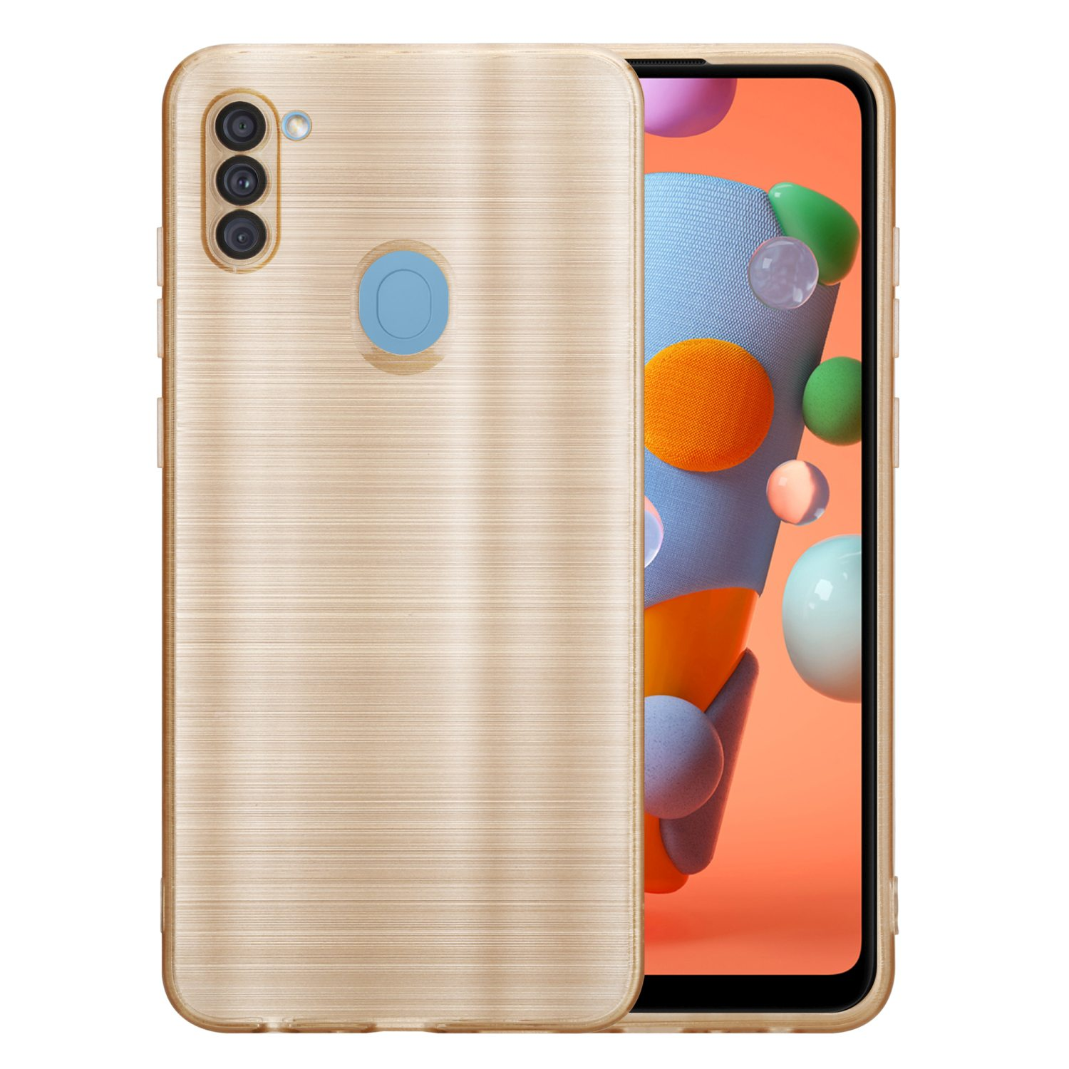 Una custodia per telefono con una trama dorata. Il telefono ha tre fotocamere.