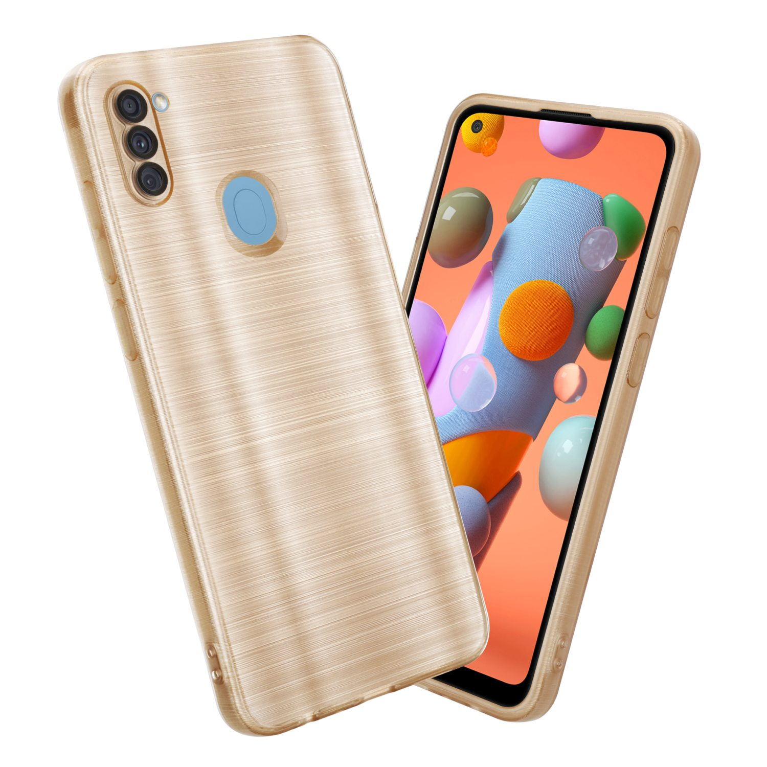 Custodia beige con telefono. Schermo del telefono che mostra forme colorate.