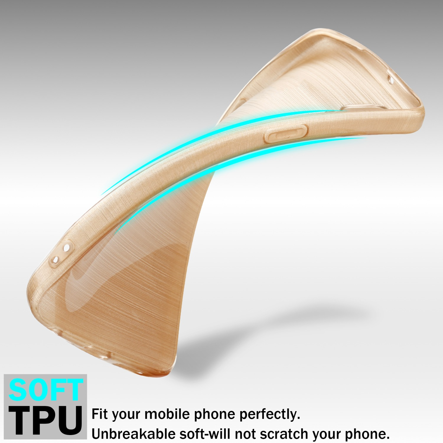 Custodia dorata con design strutturato, con testo "SOFT TPU".