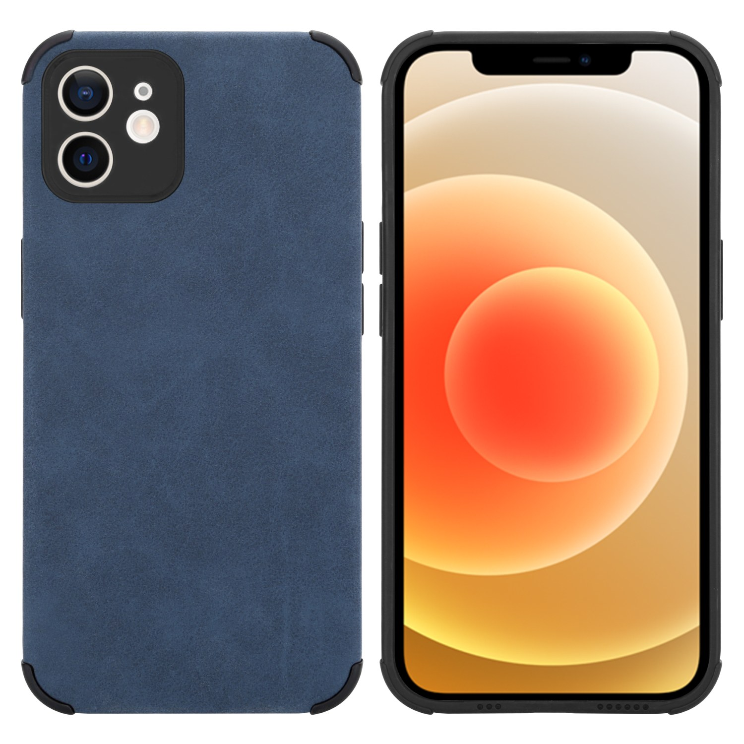 Zwei Bilder einer blauen Handyhülle. Das Telefon befindet sich rechts in der Hülle. Die Hülle ist links.