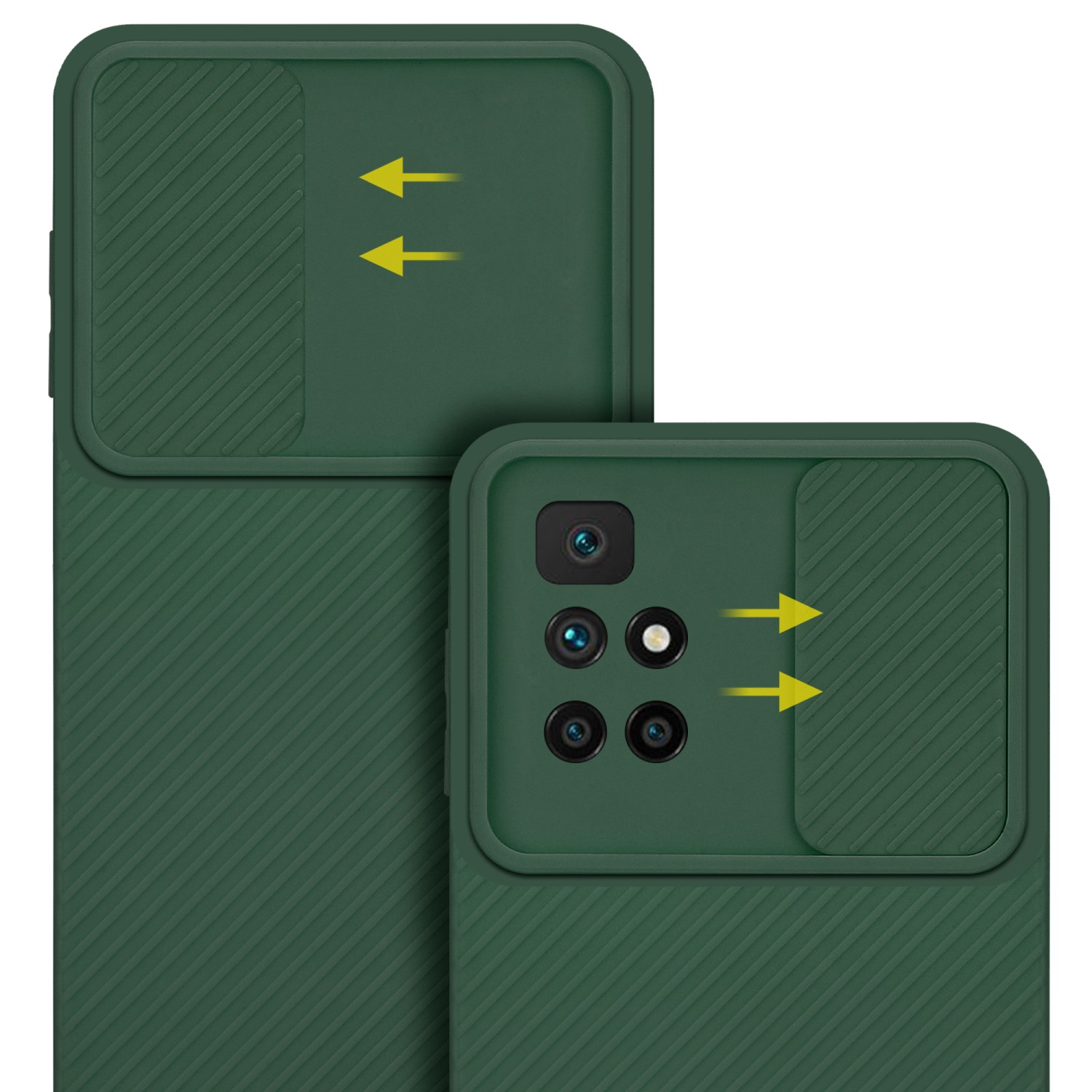 Custodia verde scuro per telefono con protezione fotocamera, che mostra il retro di un telefono.