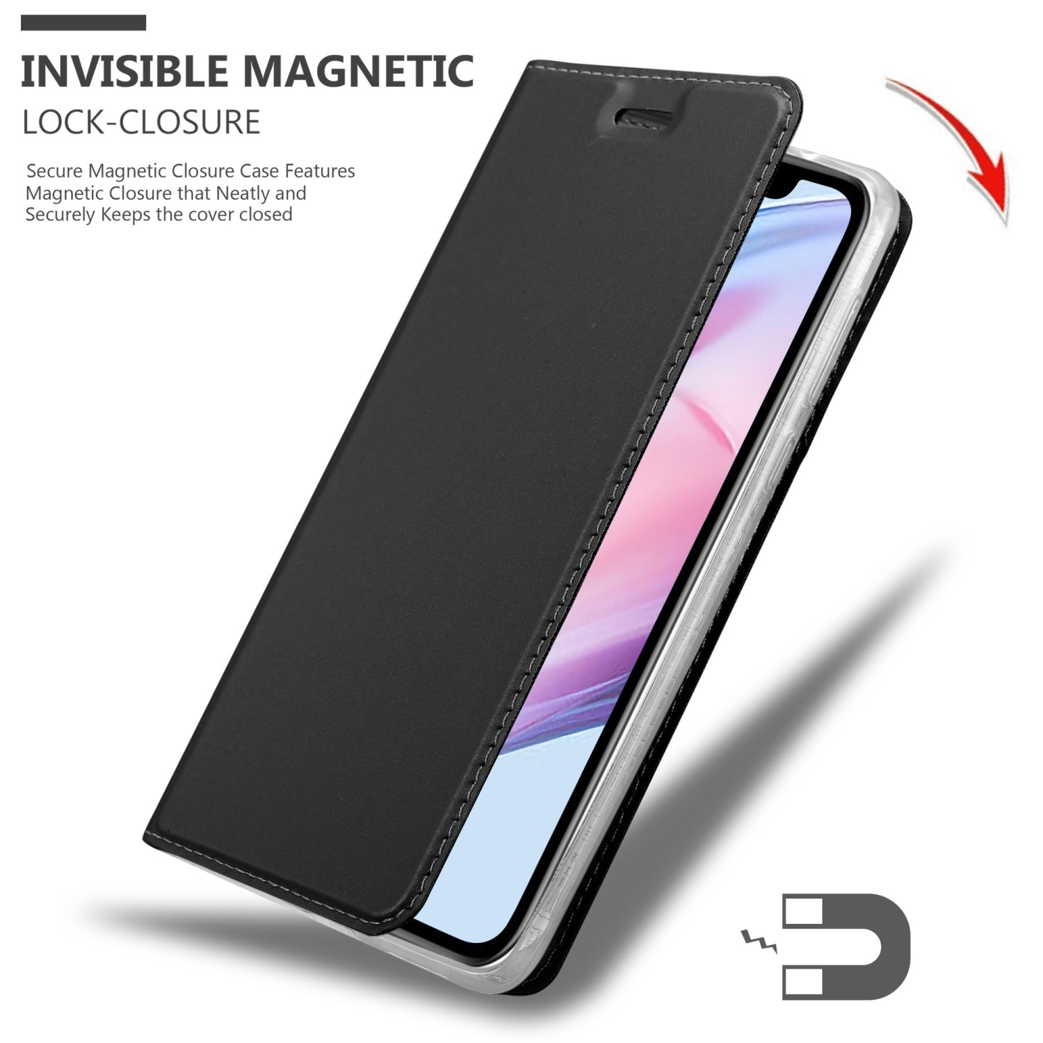 Custodia nera con chiusura magnetica. La custodia è aperta, mostra il telefono.