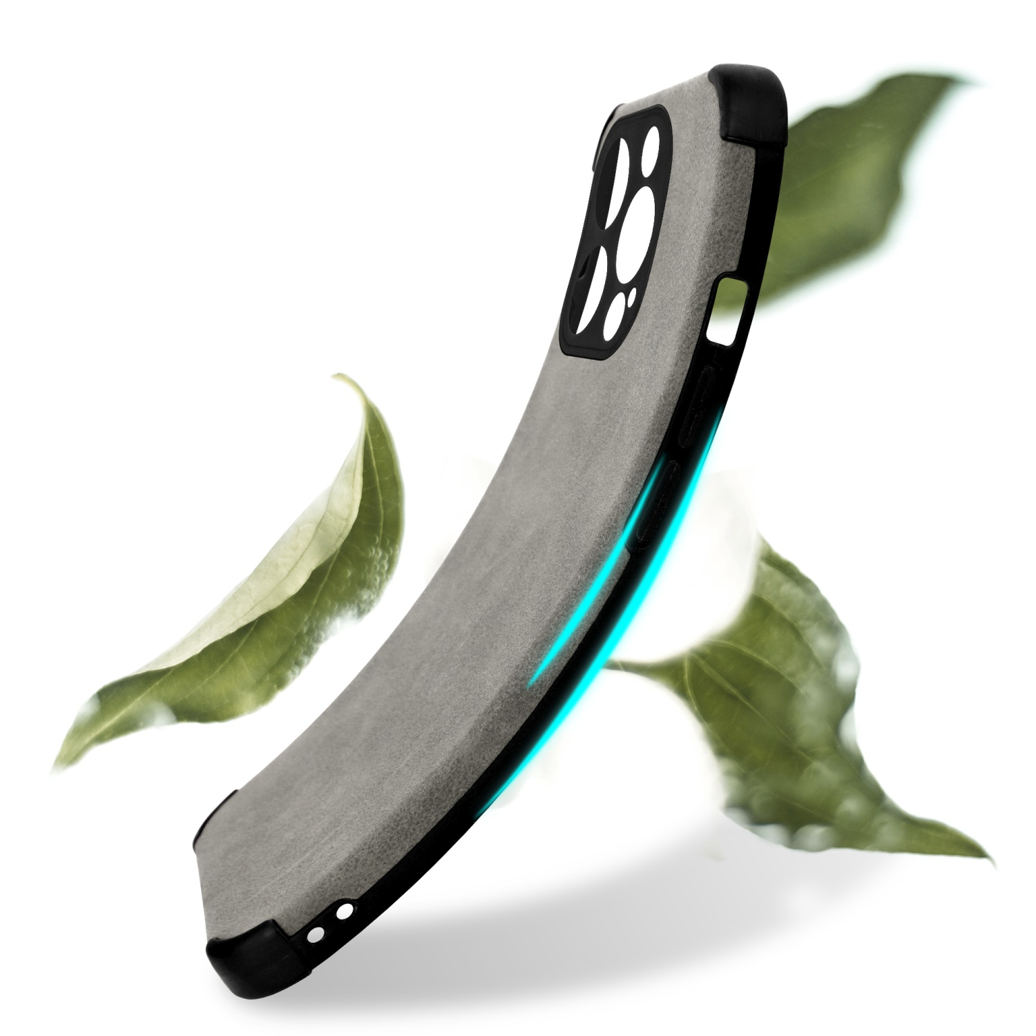 Graue Handyhülle mit Blätterhintergrund. Das Telefon befindet sich in der Hülle.