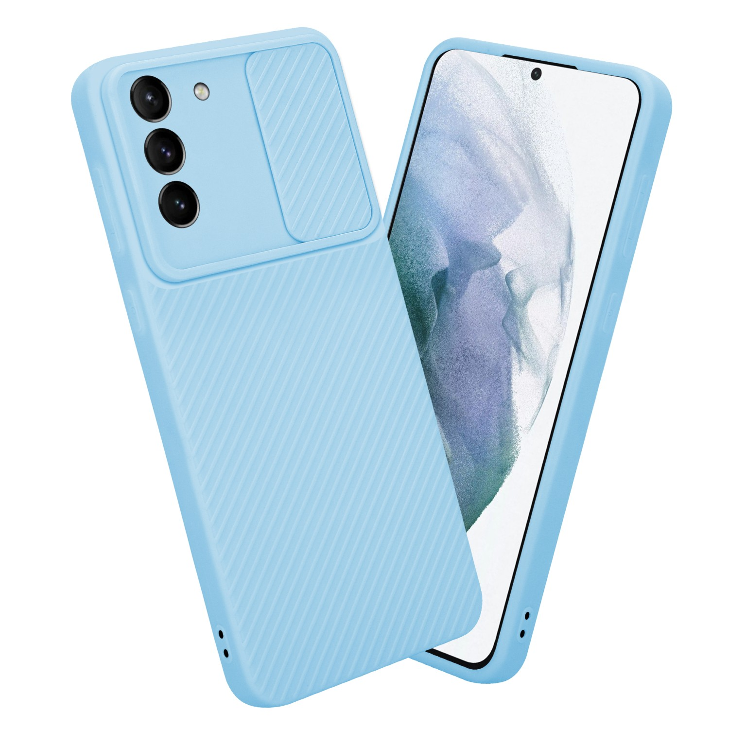 Custodia per telefono azzurra con copertura scorrevole per fotocamera. Telefono a destra.