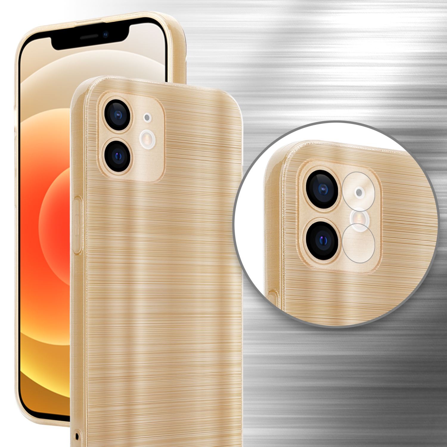 Custodia per telefono dorata con protezione per l'obiettivo e primo piano degli obiettivi.