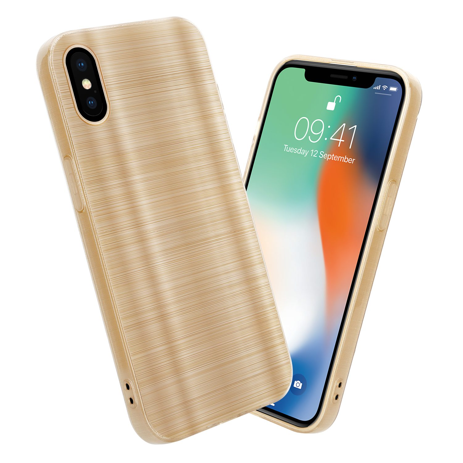 Custodia per telefono dorata e telefono con schermo acceso con orologio.