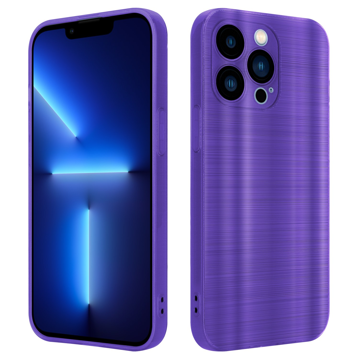 Dos vistas de una funda morada para teléfono. Cubre el teléfono. Tiene orificios para cámara y botones.