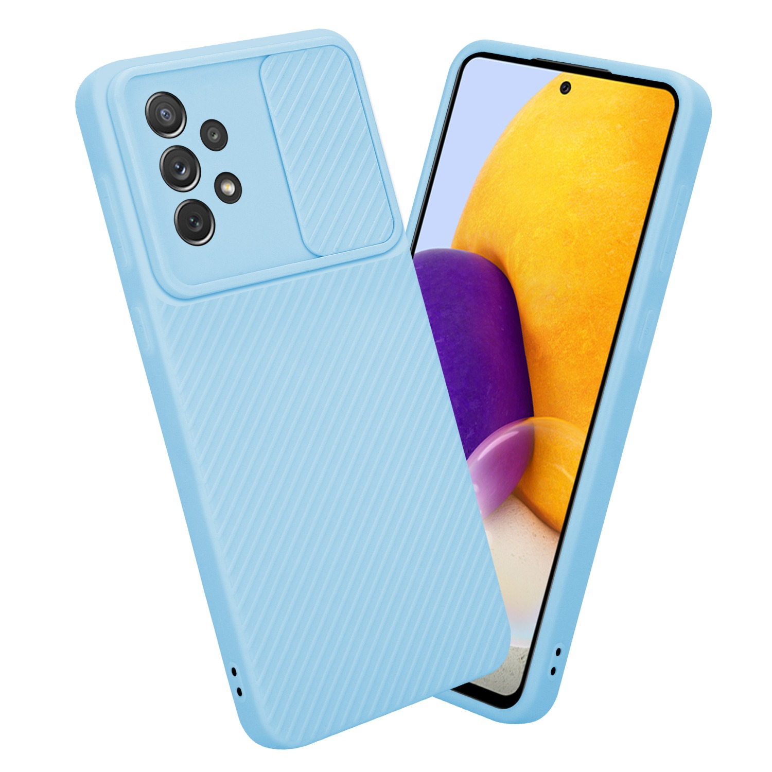 Hellblaue Handyhülle mit Kameraabdeckung. Das Telefon hat einen bunten Bildschirm.
