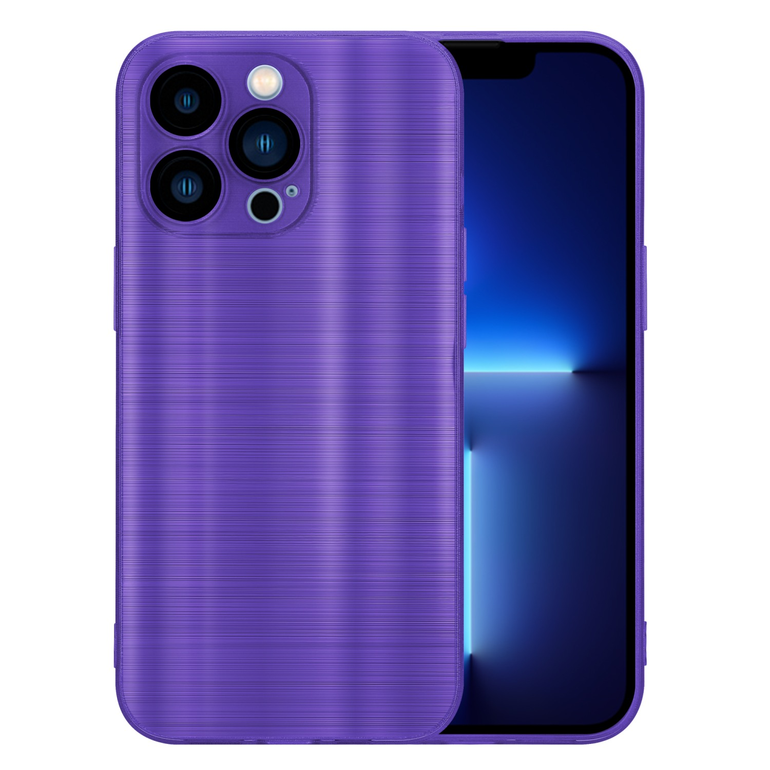 Funda de teléfono morada con una protuberancia para la cámara, y la pantalla del teléfono está encendida.