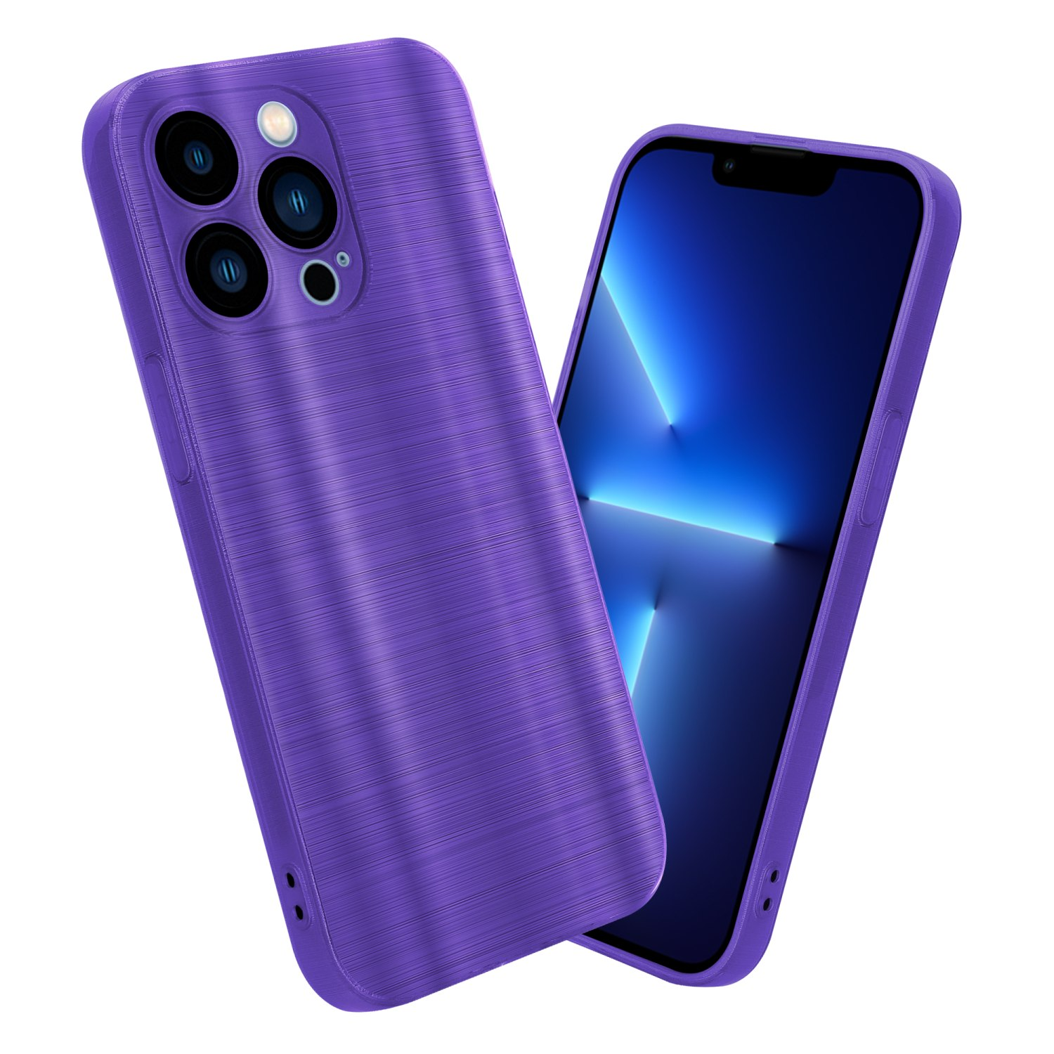 Funda de teléfono morada con un teléfono dentro. La funda tiene un patrón texturizado.