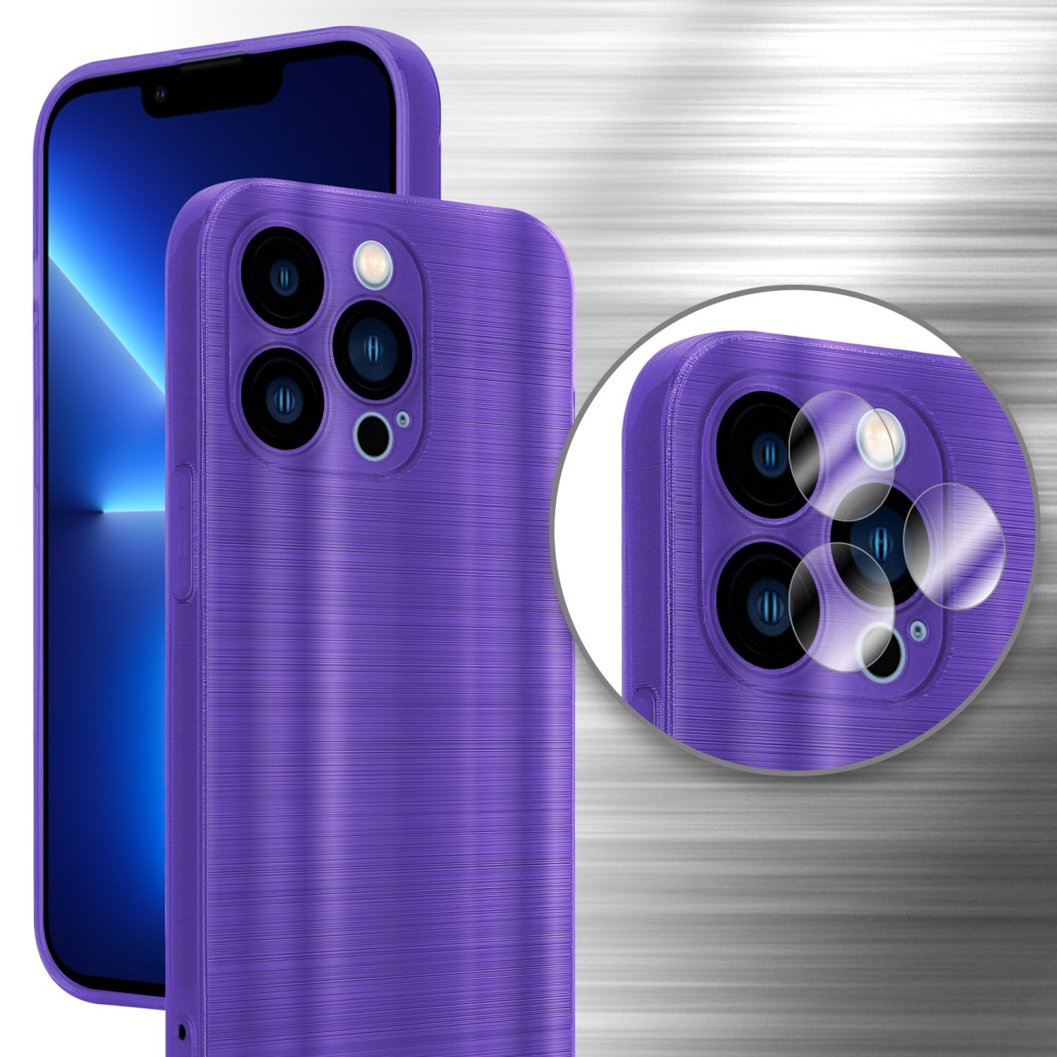 Funda morada para teléfono con protección de cámara. El teléfono está a la izquierda y un círculo muestra los detalles.