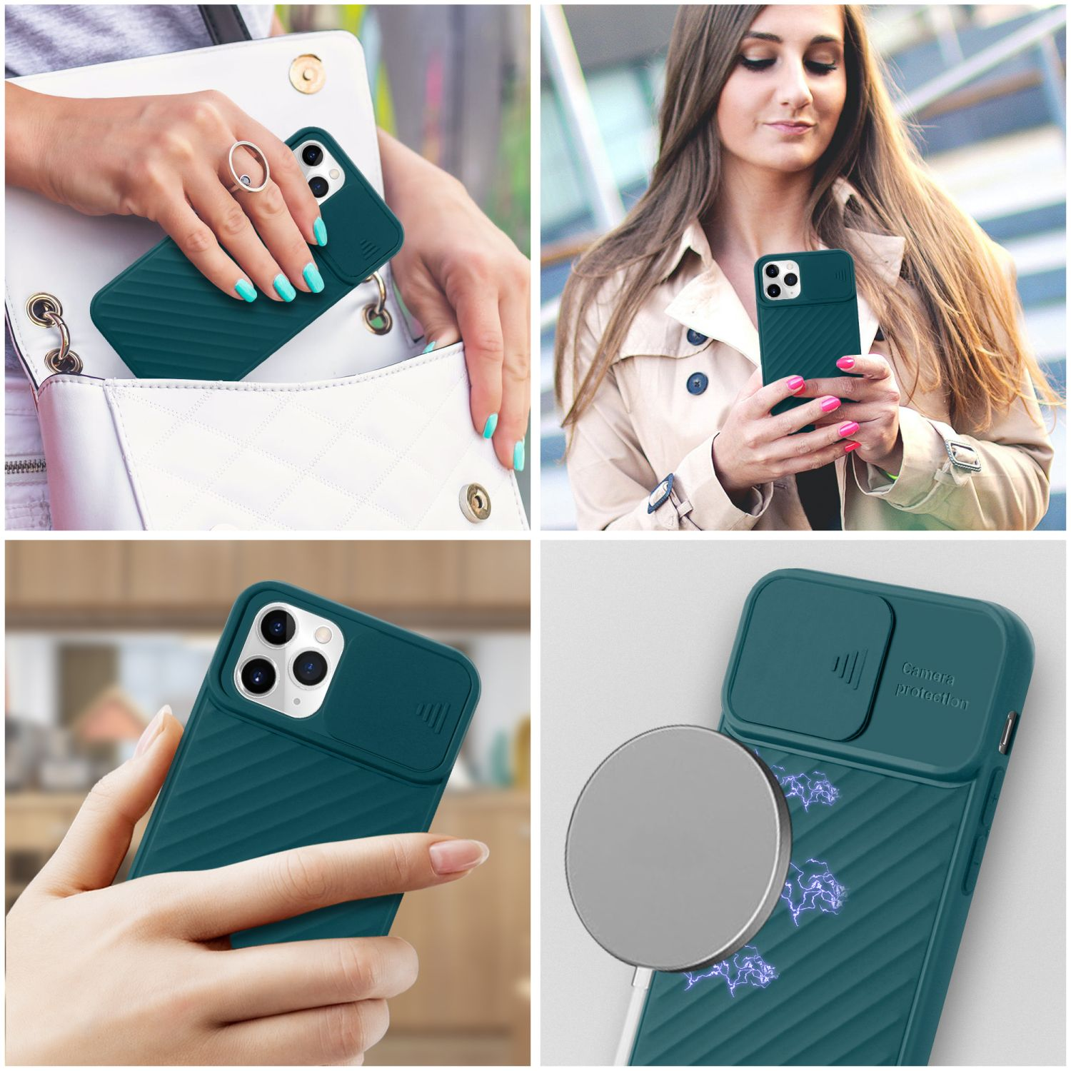 Collage von Telefonhülle in Gebrauch, grüne Hülle, Frau hält Telefon.