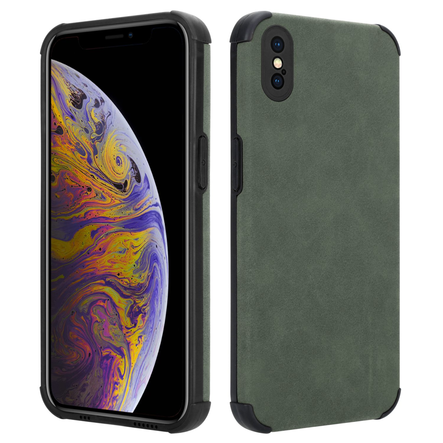 Zwei Ansichten einer grünen Handyhülle auf einem Telefon, Vorder- und Rückseite zeigend.