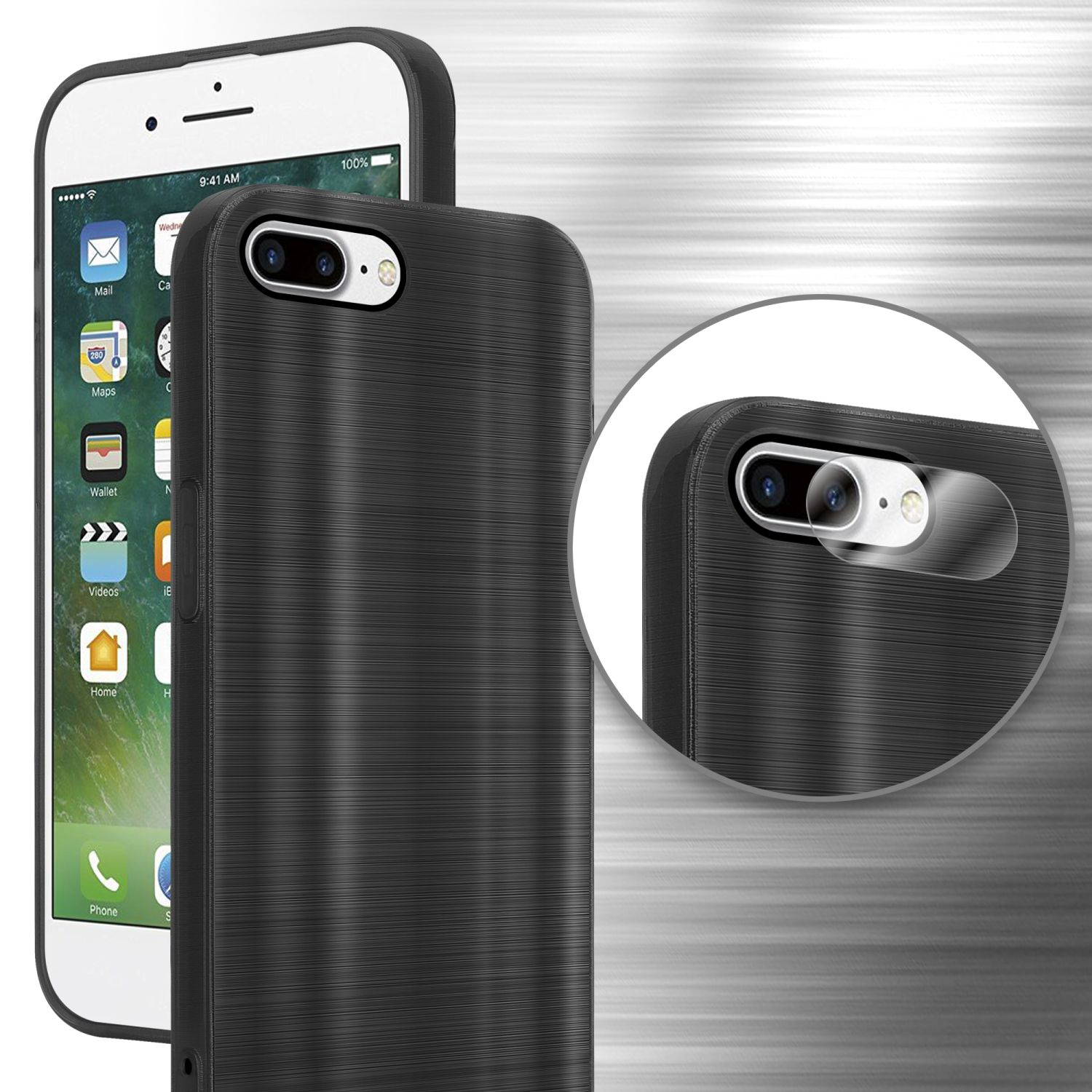 Schwarze Handyhülle auf weißem Telefon. Nahaufnahme der Kamera. Im Hintergrund eine metallische Oberfläche.