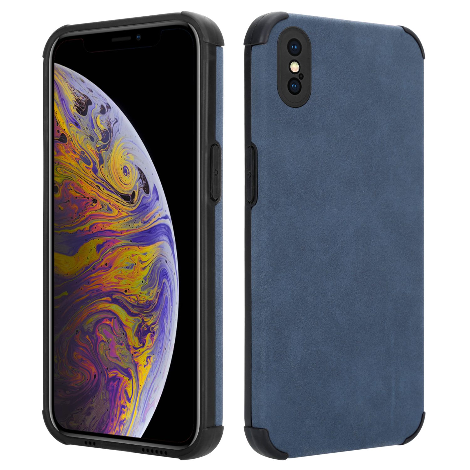 Zwei Telefone, eines in einer marineblauen Hülle, eines ohne. Die Hülle ist strukturiert, mit schwarzen Ecken.