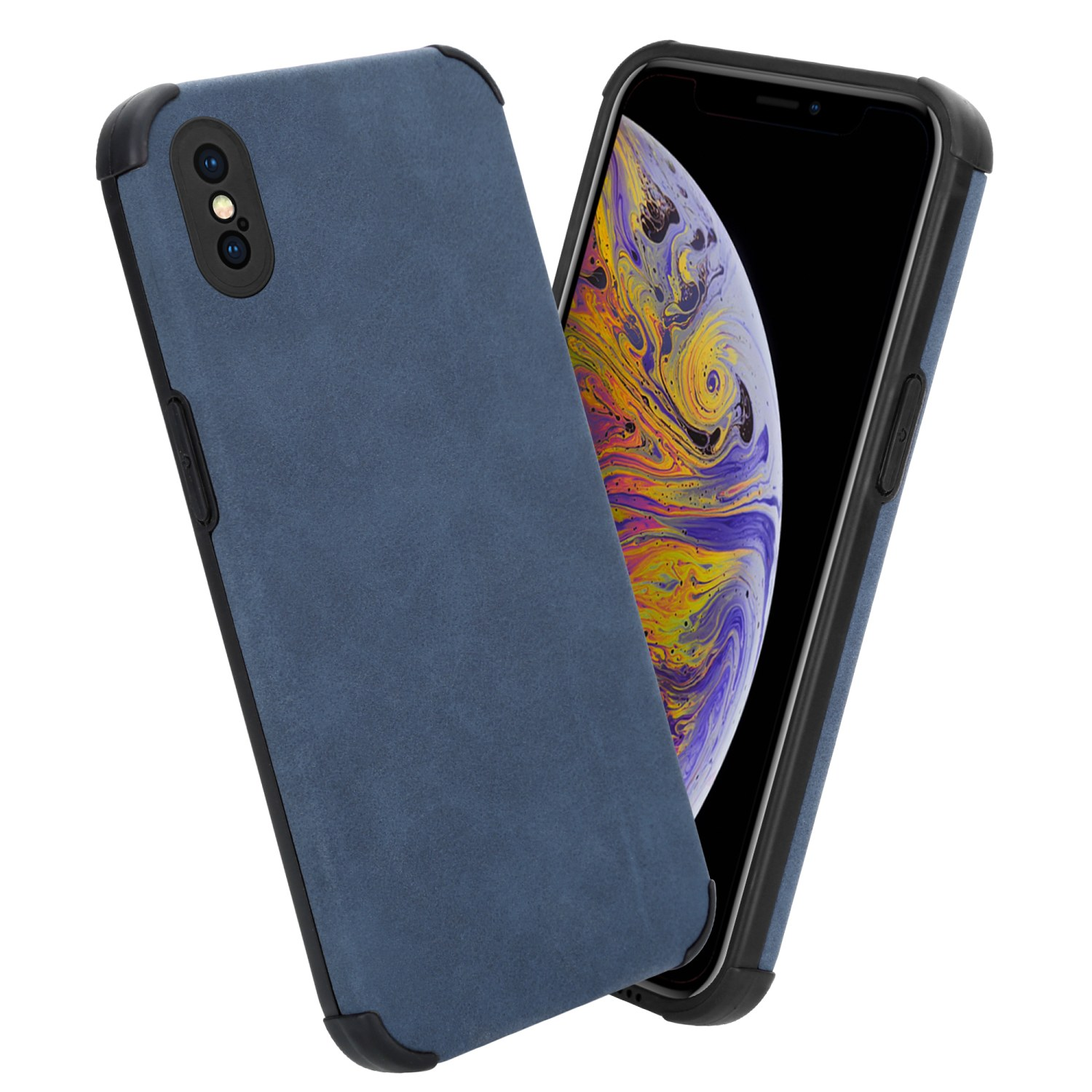 Blaue Handyhülle, schwarzer Rand. Telefon sichtbar. Weißer Hintergrund.