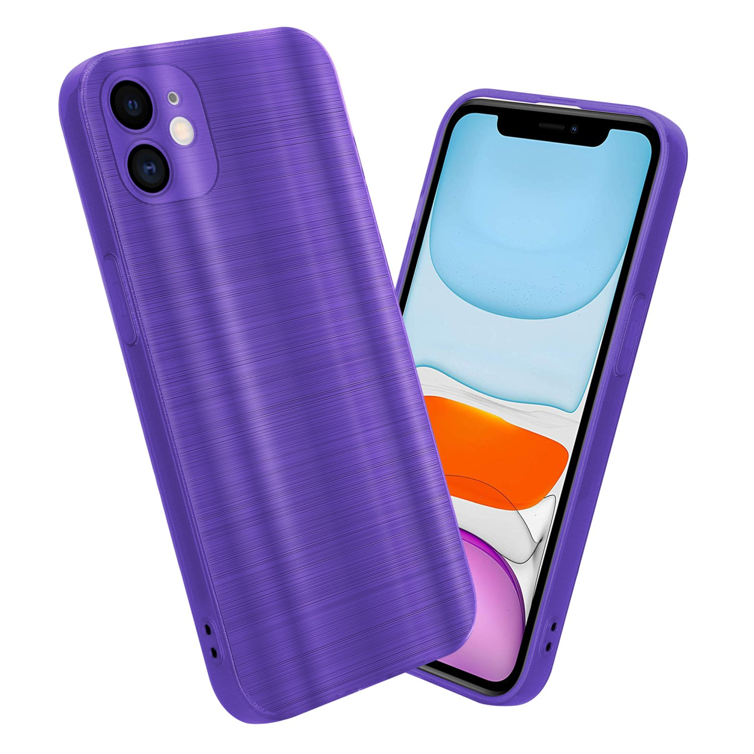 Lila Handyhülle und Telefon. Text: Rundumschutz.