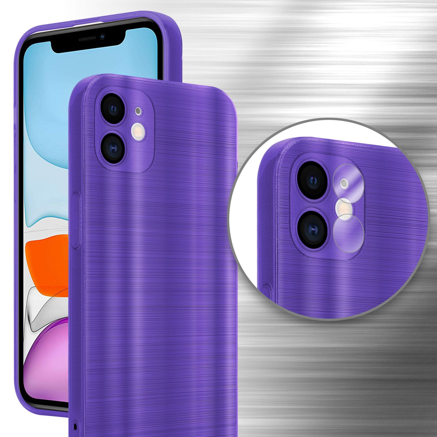 Lila Handyhülle mit strukturierter Oberfläche, zeigt ein Handy mit Kameradetails.