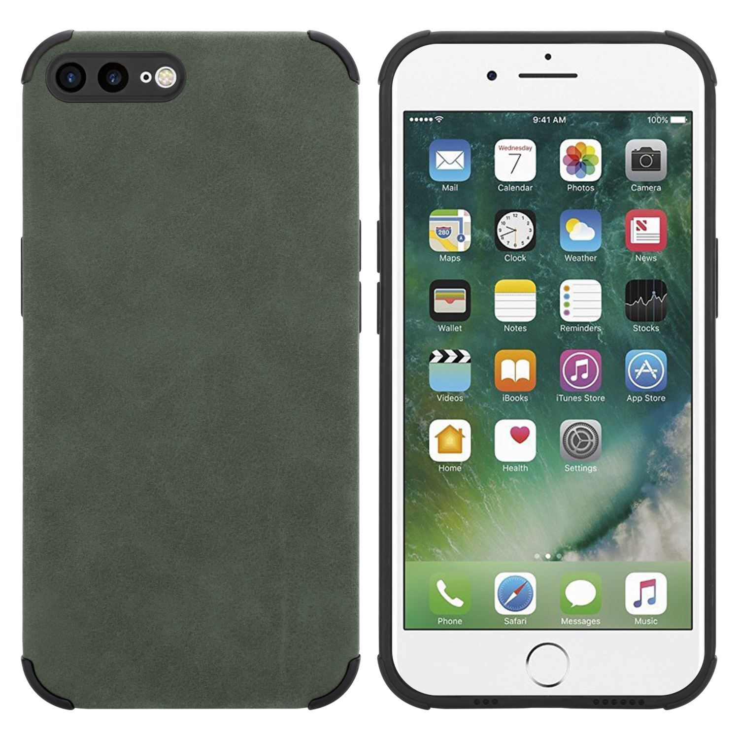 Weißes iPhone mit grüner Hülle, zeigt den Startbildschirm und einen schwarzen Hintergrund.