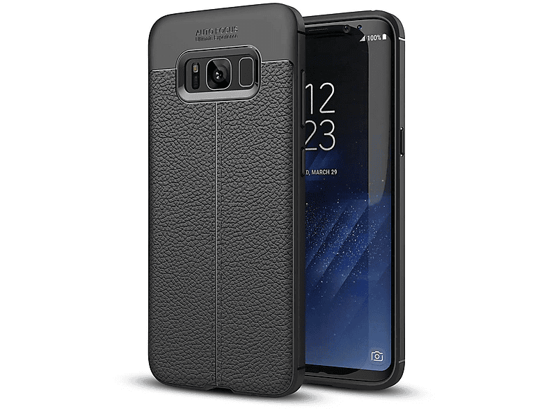 CADORABO Hülle TPU Silikon Galaxy Tief Schwarz mit Kunstleder-Applikation, S8, edler Backcover, Samsung