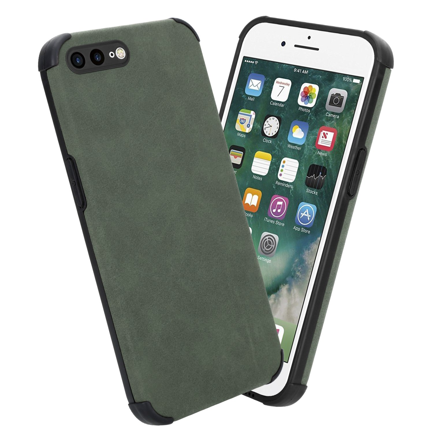 Zwei Telefone in olivgrüner Hülle. Eines zeigt Symbole auf dem Bildschirm. Schwarze Kamera umgibt das Telefon.