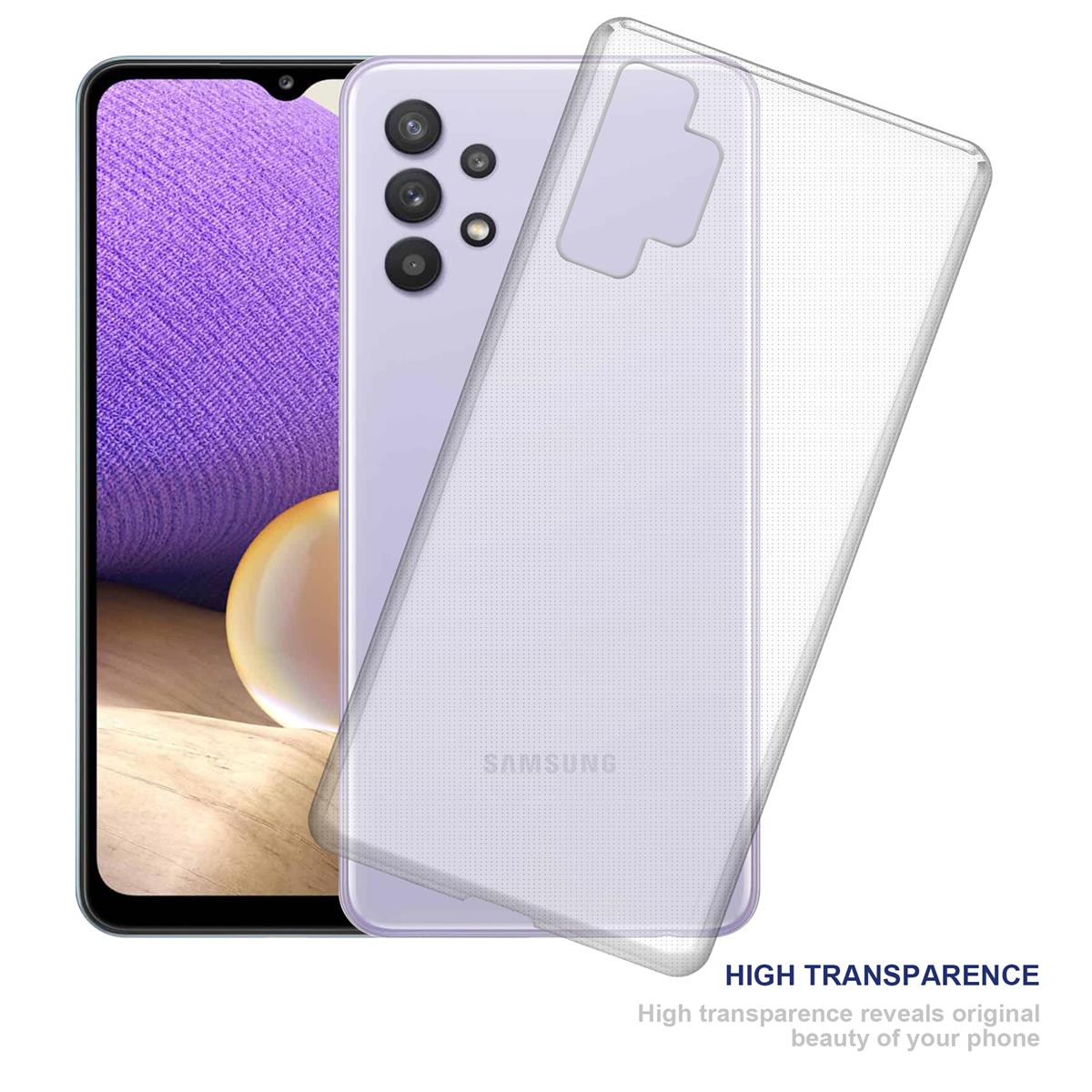 Ein lila Telefon mit einer transparenten Hülle auf weißem Hintergrund. Transparente Hülle rechts.