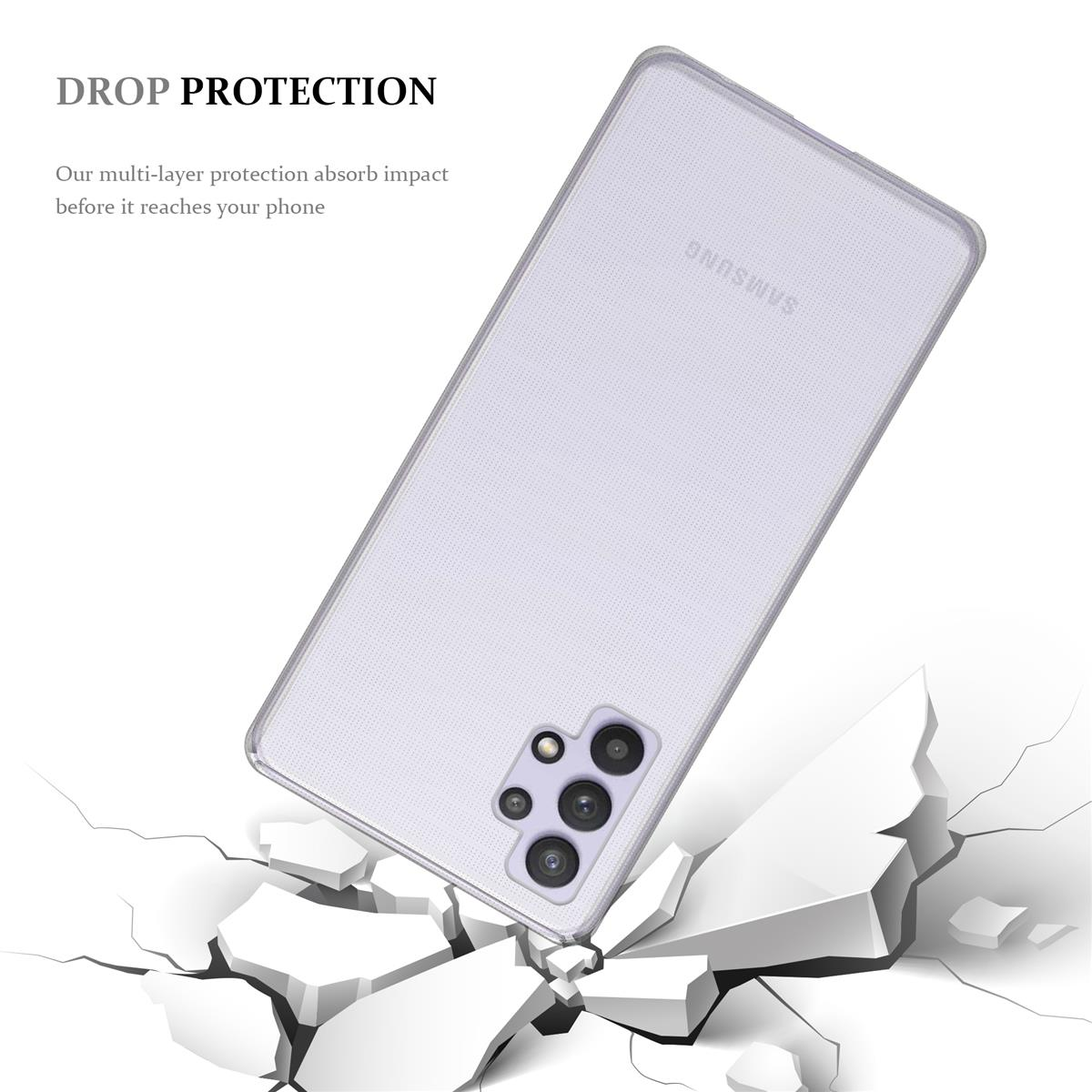 Eine Handyhülle auf einer zerbrochenen Oberfläche. Text lautet 'DROP PROTECTION'.