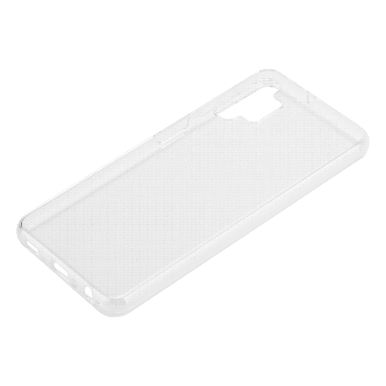 Eine transparente Handyhülle auf weißem Hintergrund, leer.